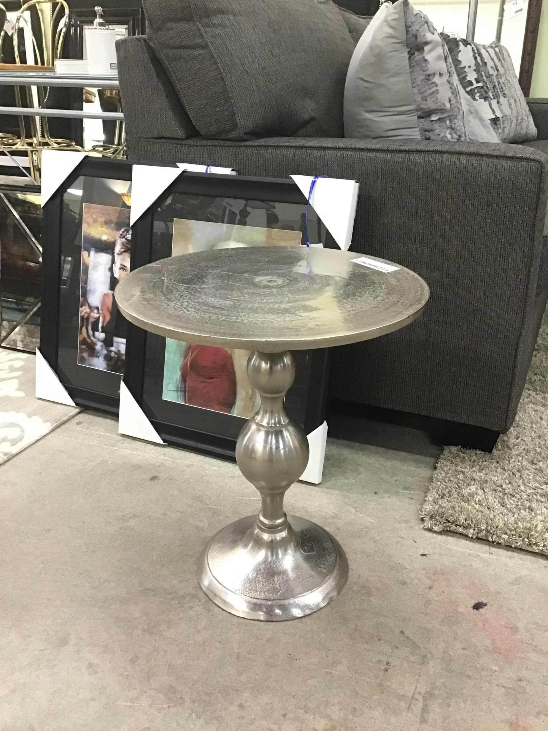 Silver Metal Round Pedestal Side Table