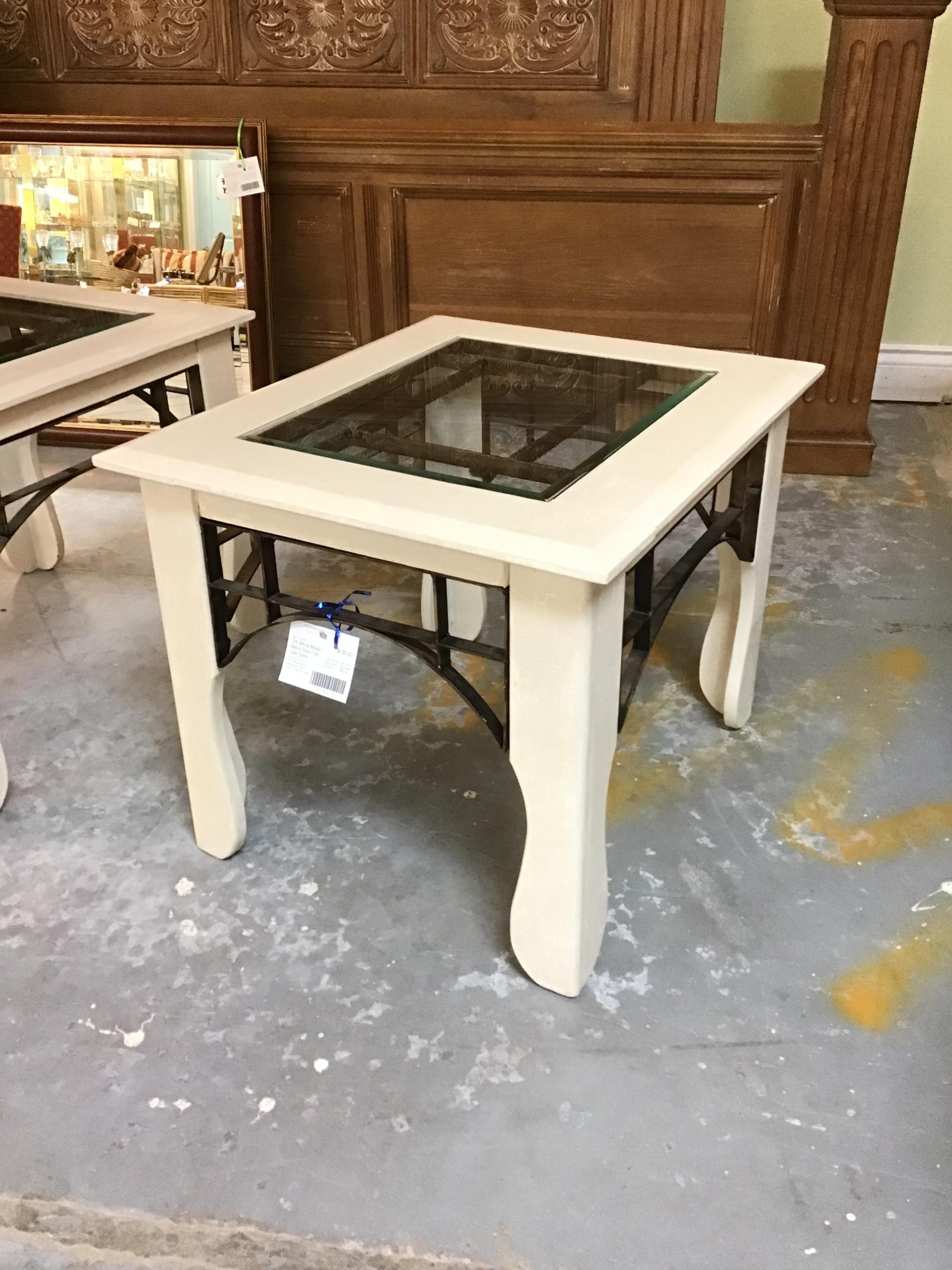 Off-White Wood/ Metal Glass Top Side Table