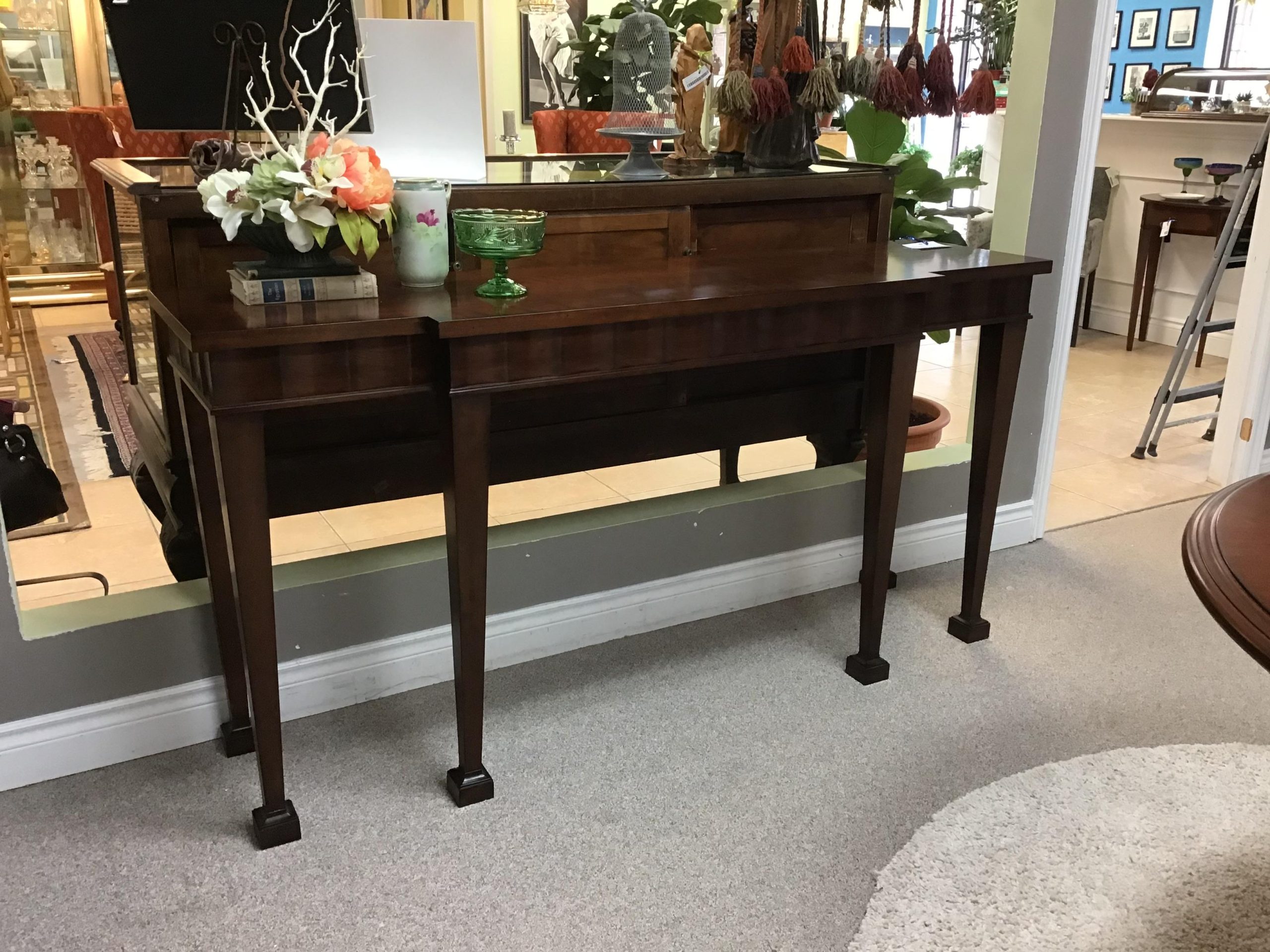 Long Drk. Burled Wood Console Table