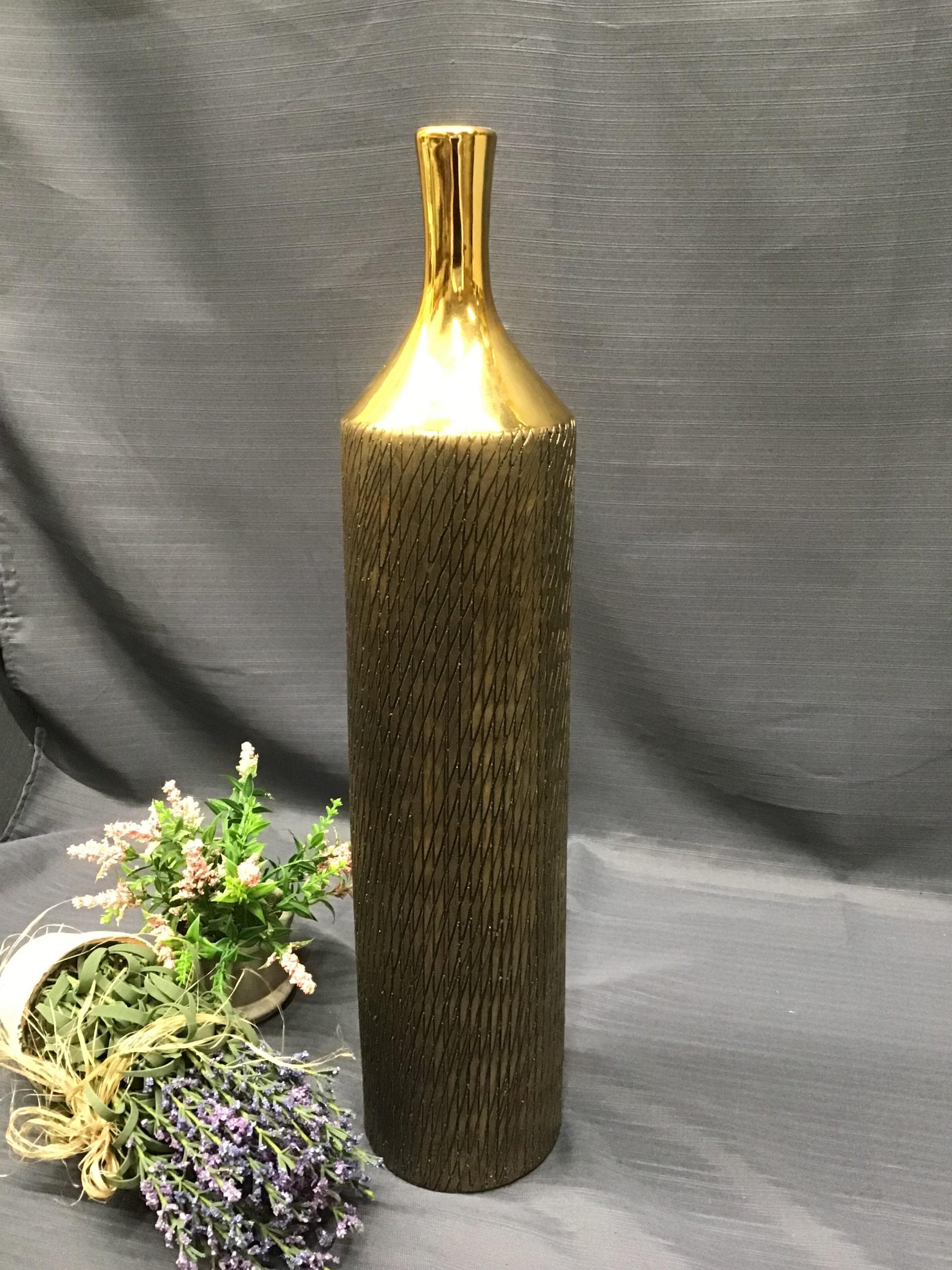 Etched Gold Linear Ceramic Vase