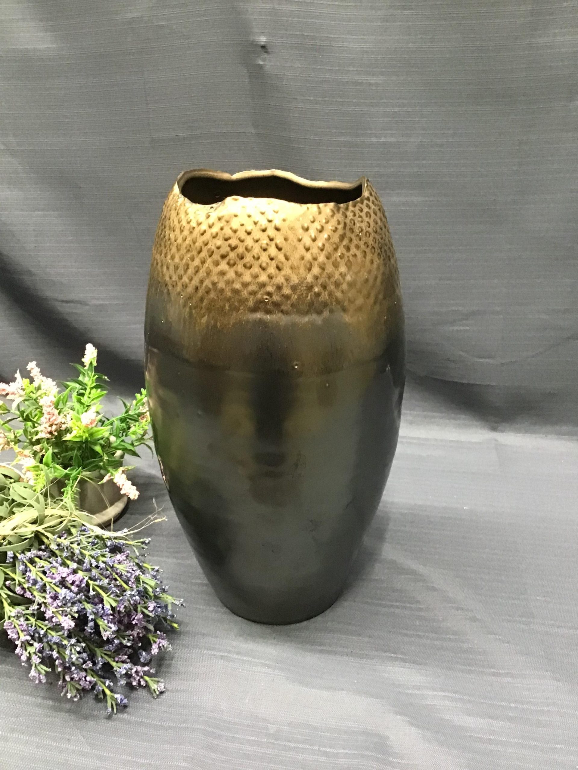 Etched Metallic Brown Ceramic Vase