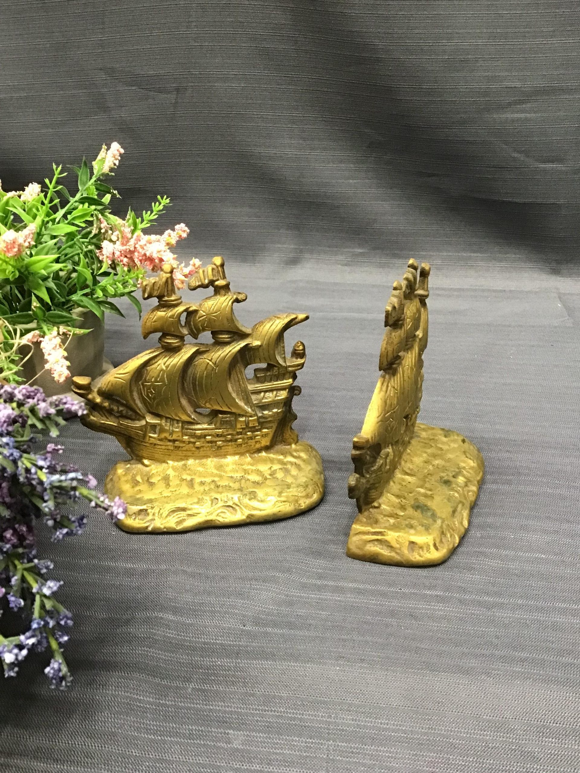 (Pair) Etched Brass Ship Bookends