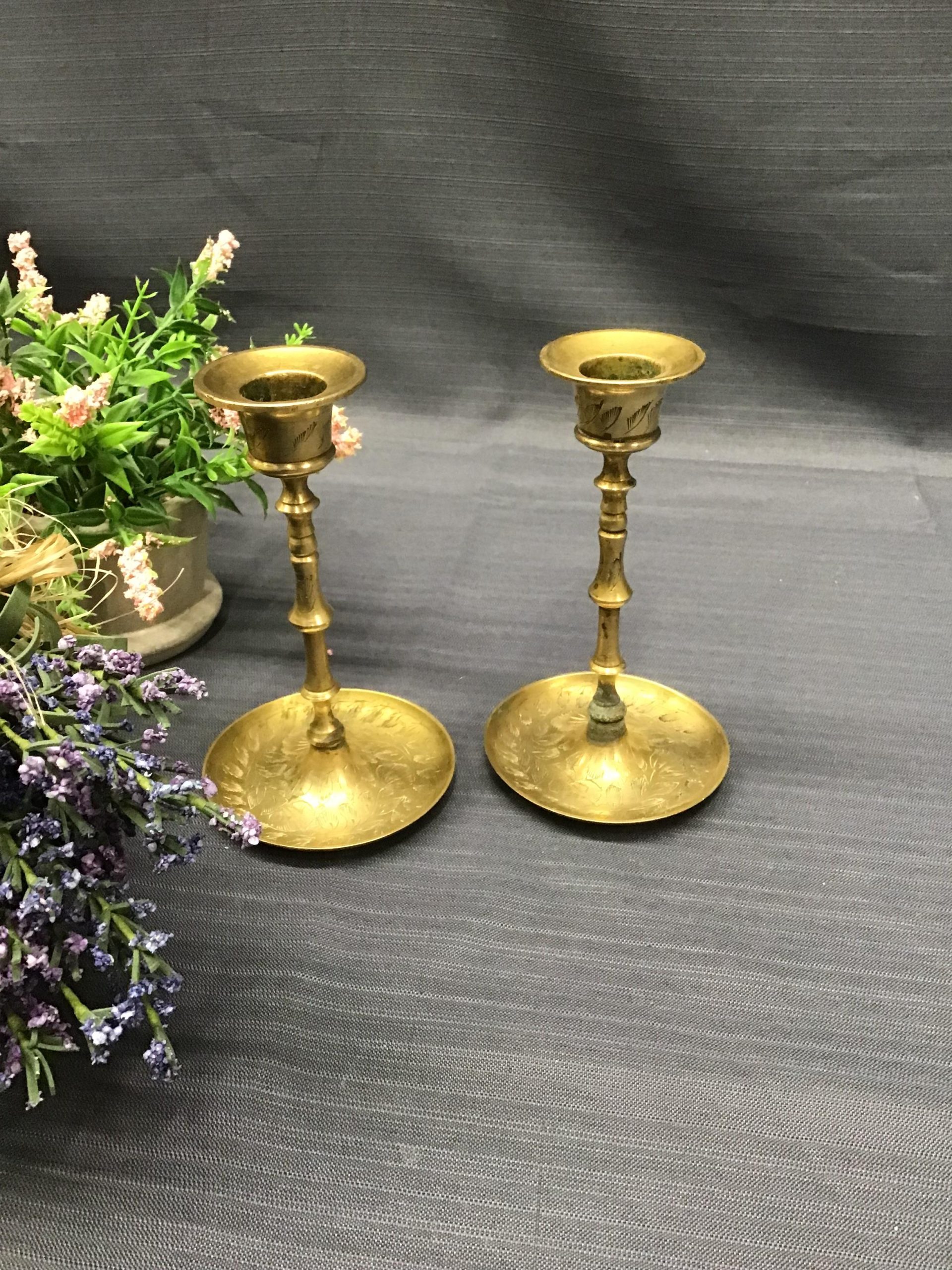 (Pair) Sm. Etched Brass Candle Holders