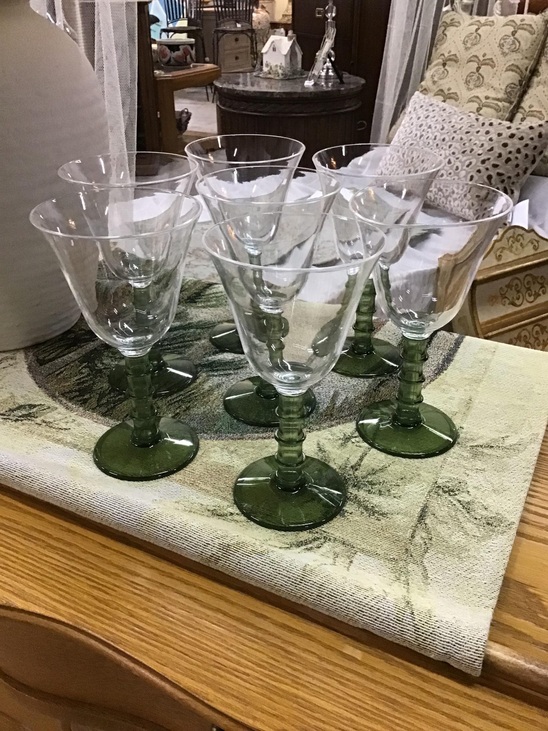 Set of 6+ Acrylic Green-stemmed Glasses