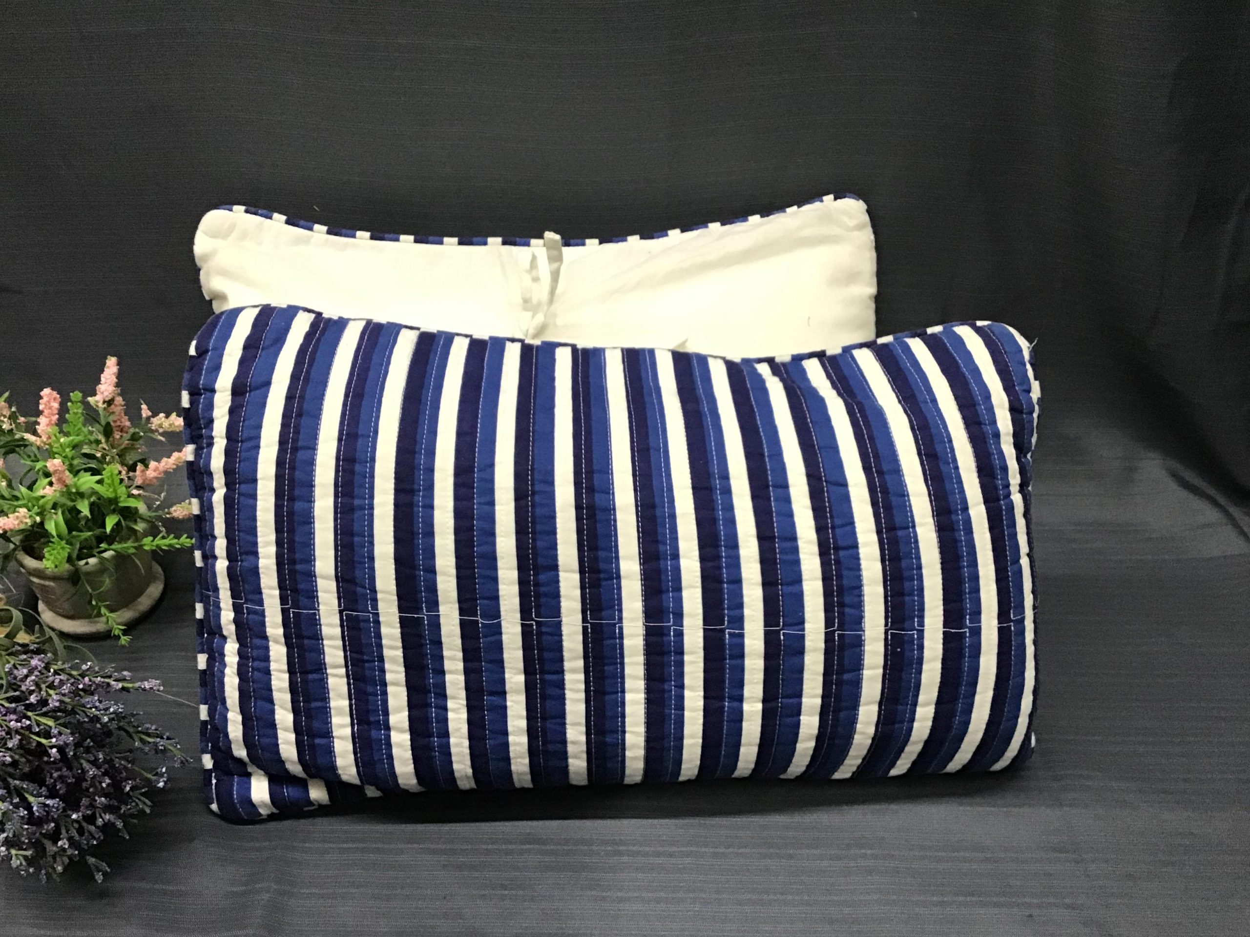 (Pair) 2-Tone Blue/ White Striped Back-Tie Cushions