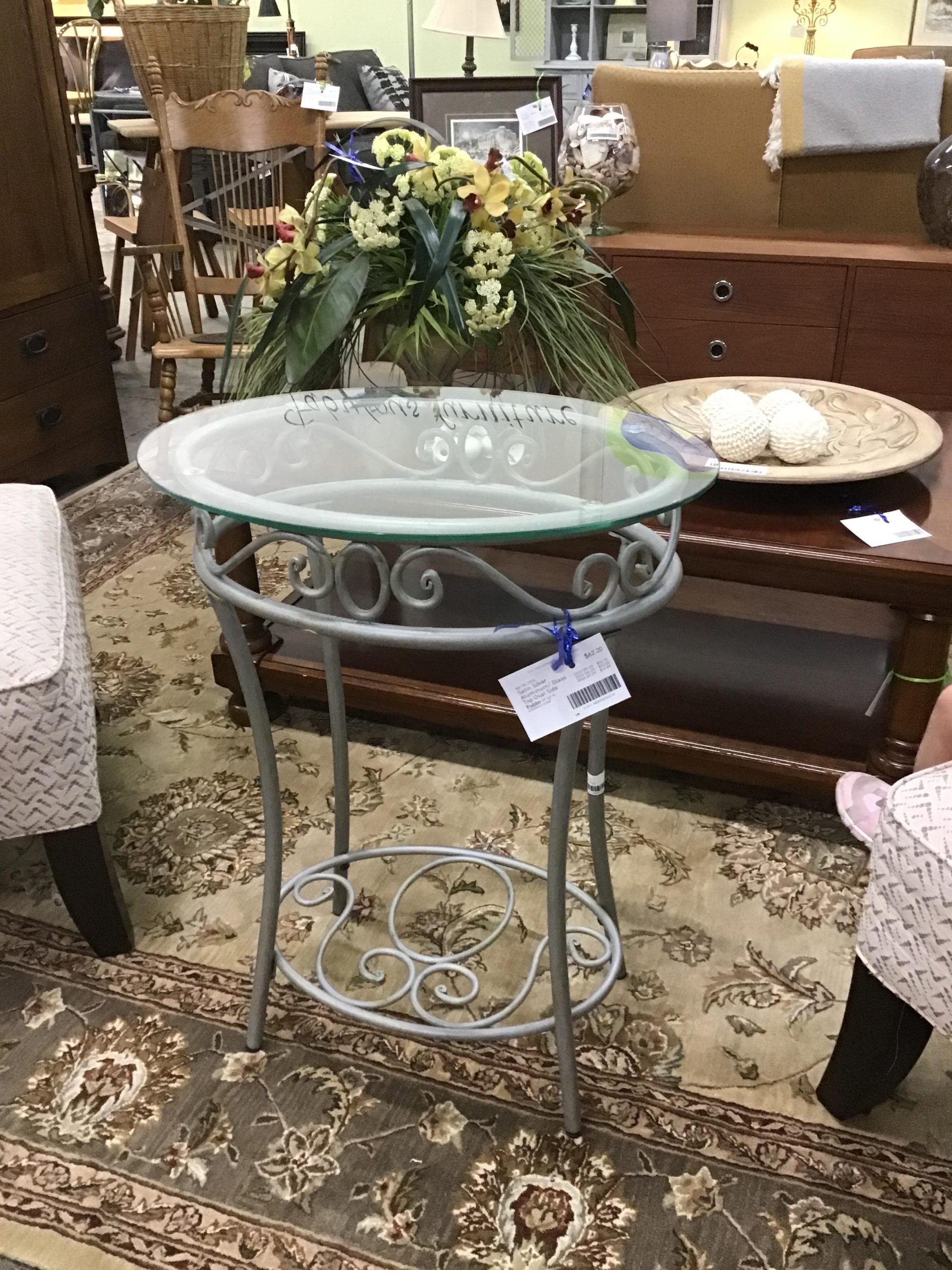 Satin Silver Aluminum/ Glass Top Oval Side Table