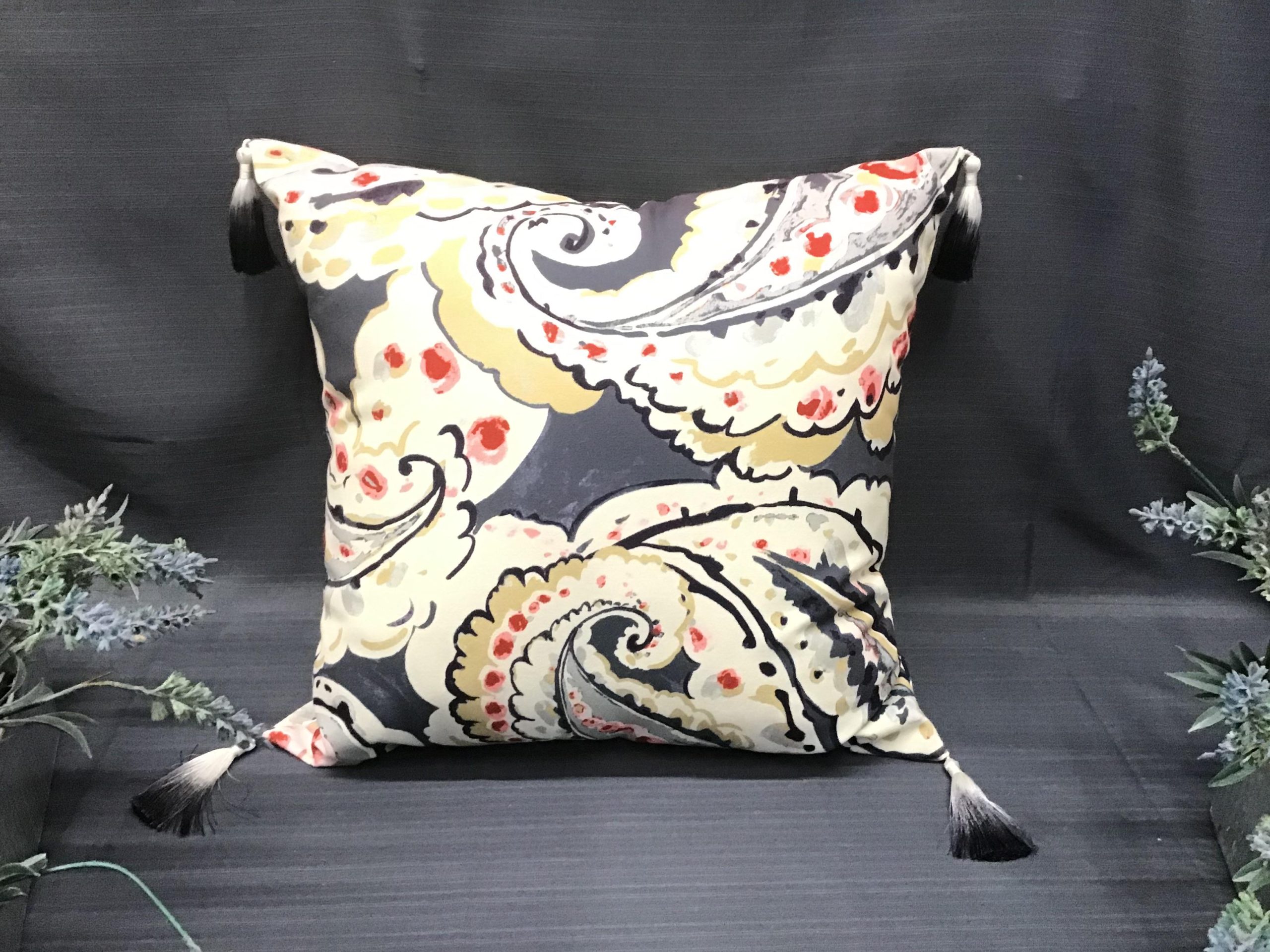 Grey/ Off-White Abstract Tasseled Cushion