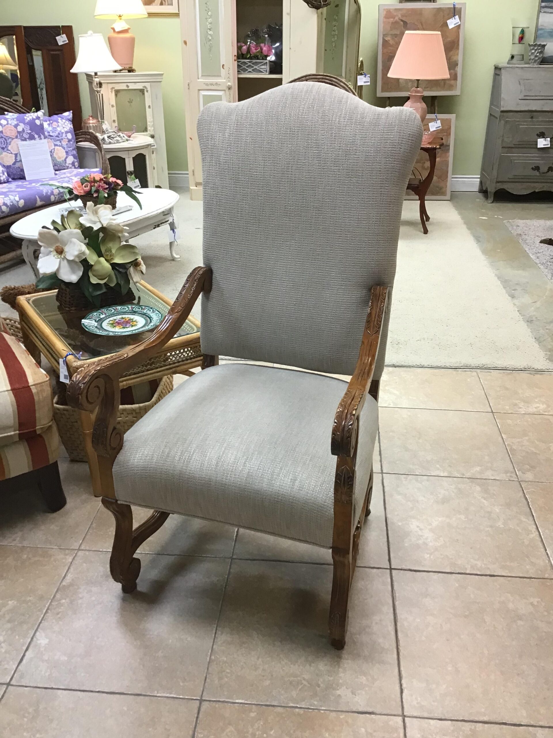 Carved Wood Armchair with Oatmeal Fabric