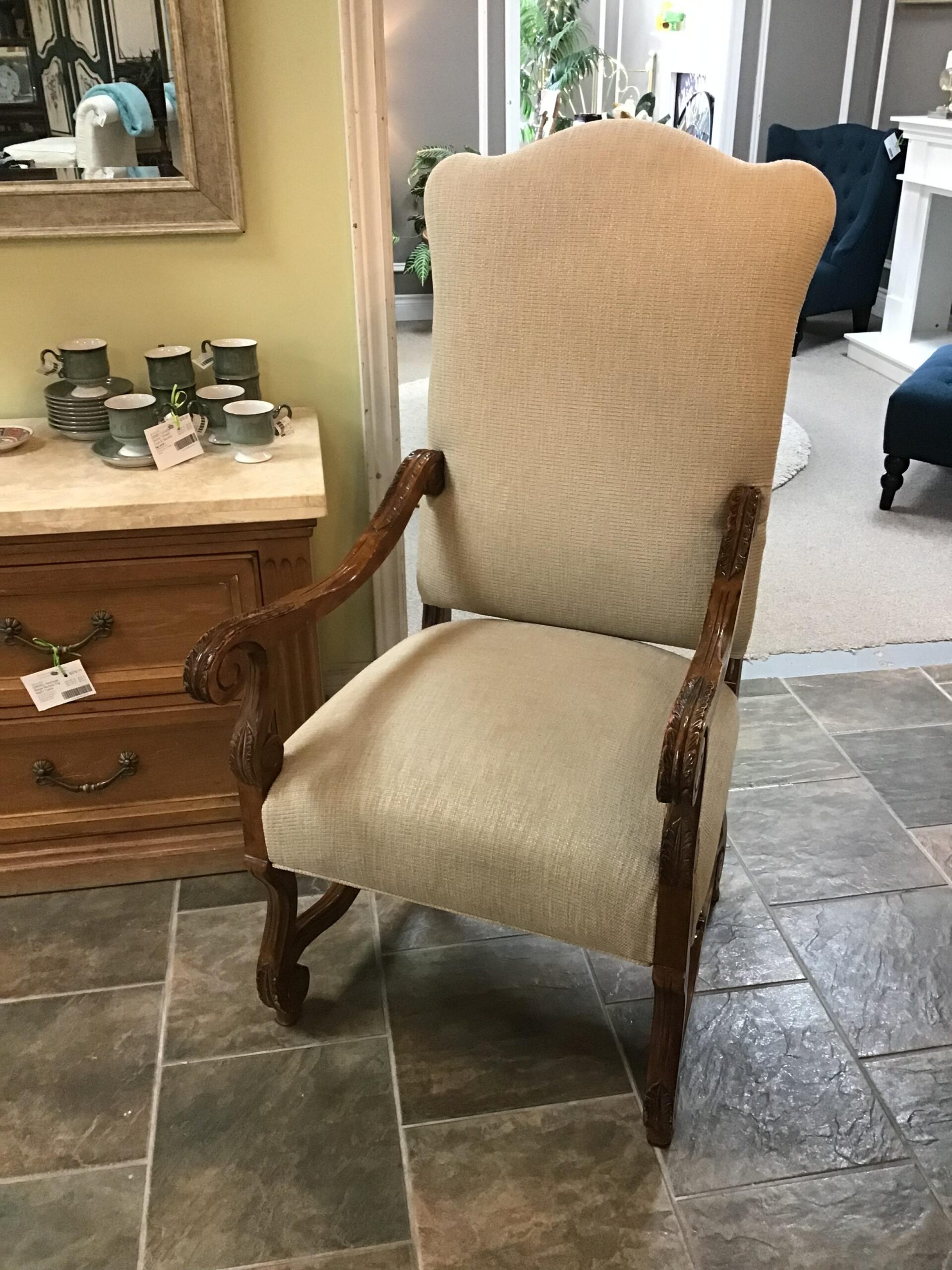 Carved Wood Armchair with Oatmeal Fabric