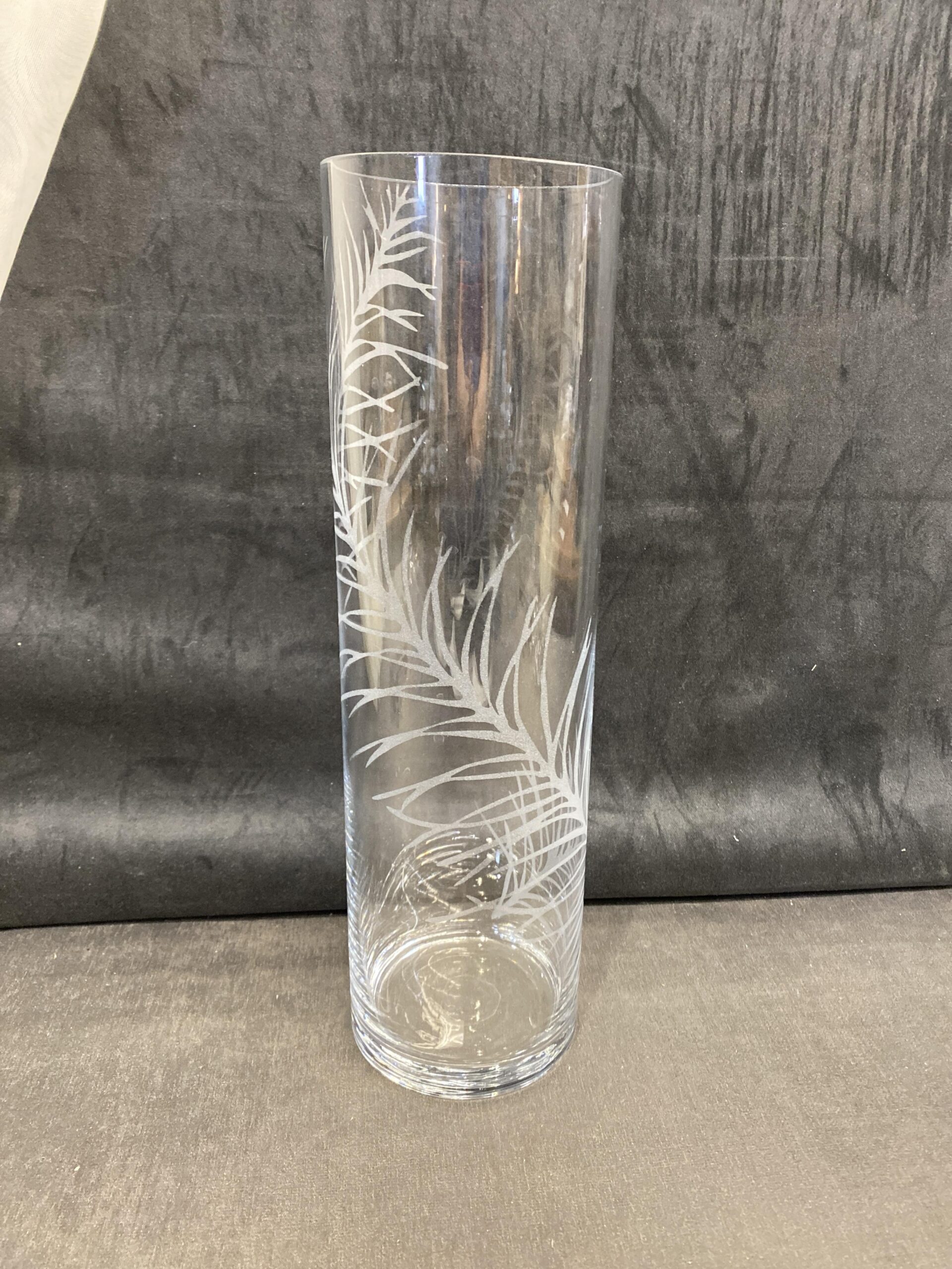 Tall Glass Vase – Etched Feather