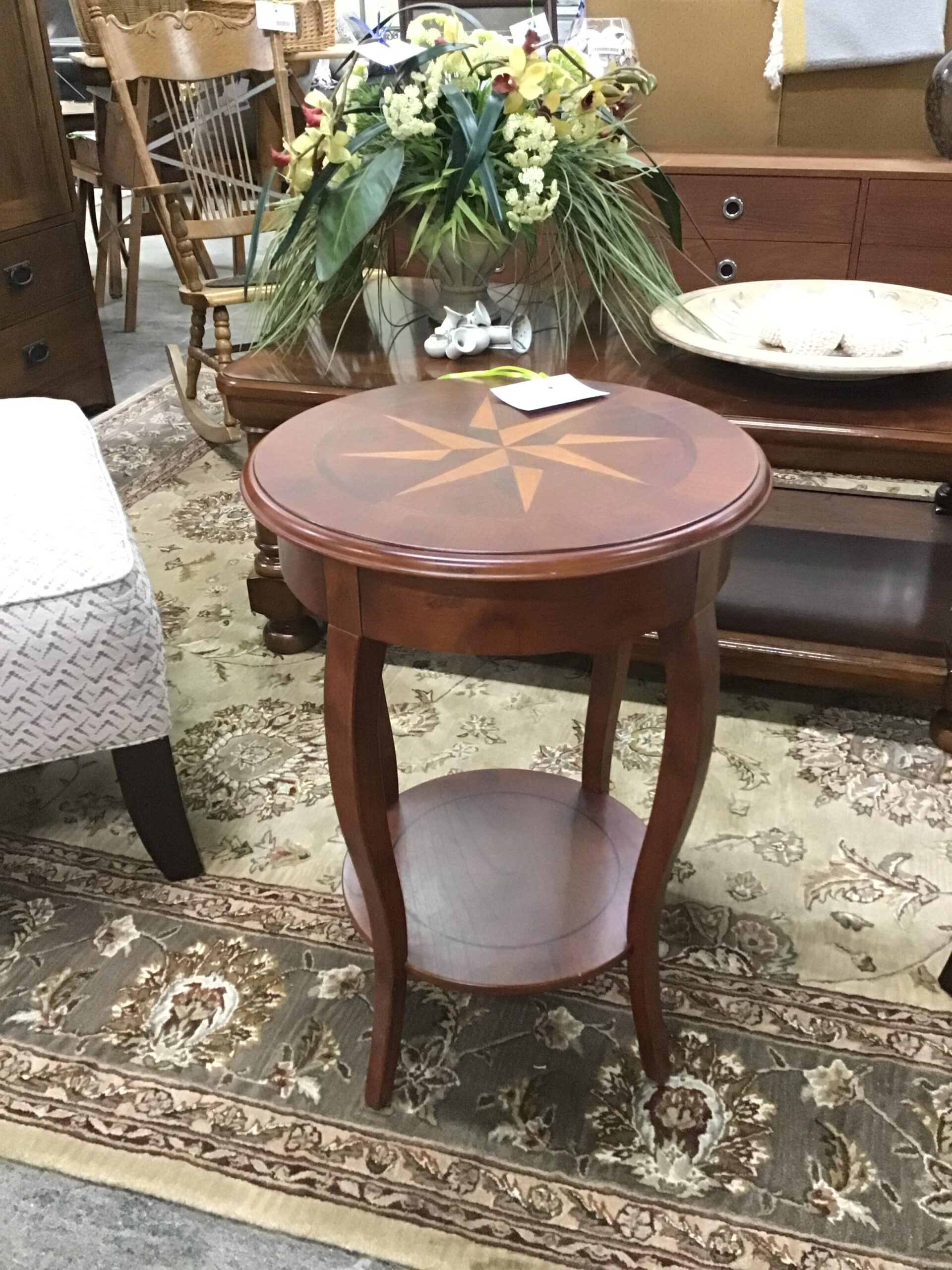 Drk. Wood Inlay “Star” Top Round Side Table