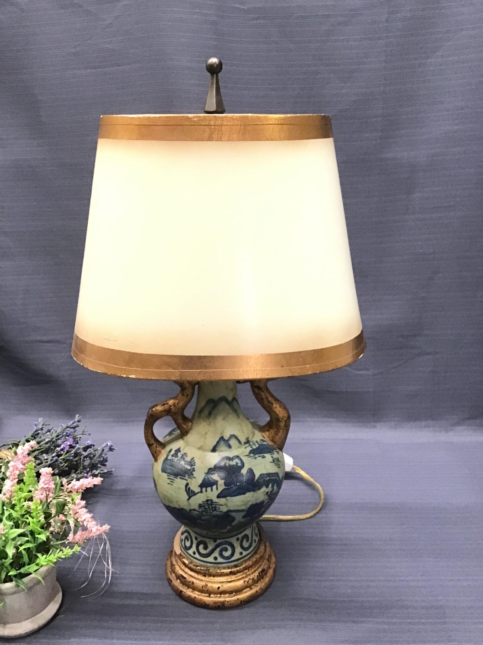 Sm. Vintage Blues/ Gold Scenery Porcelain Lamp