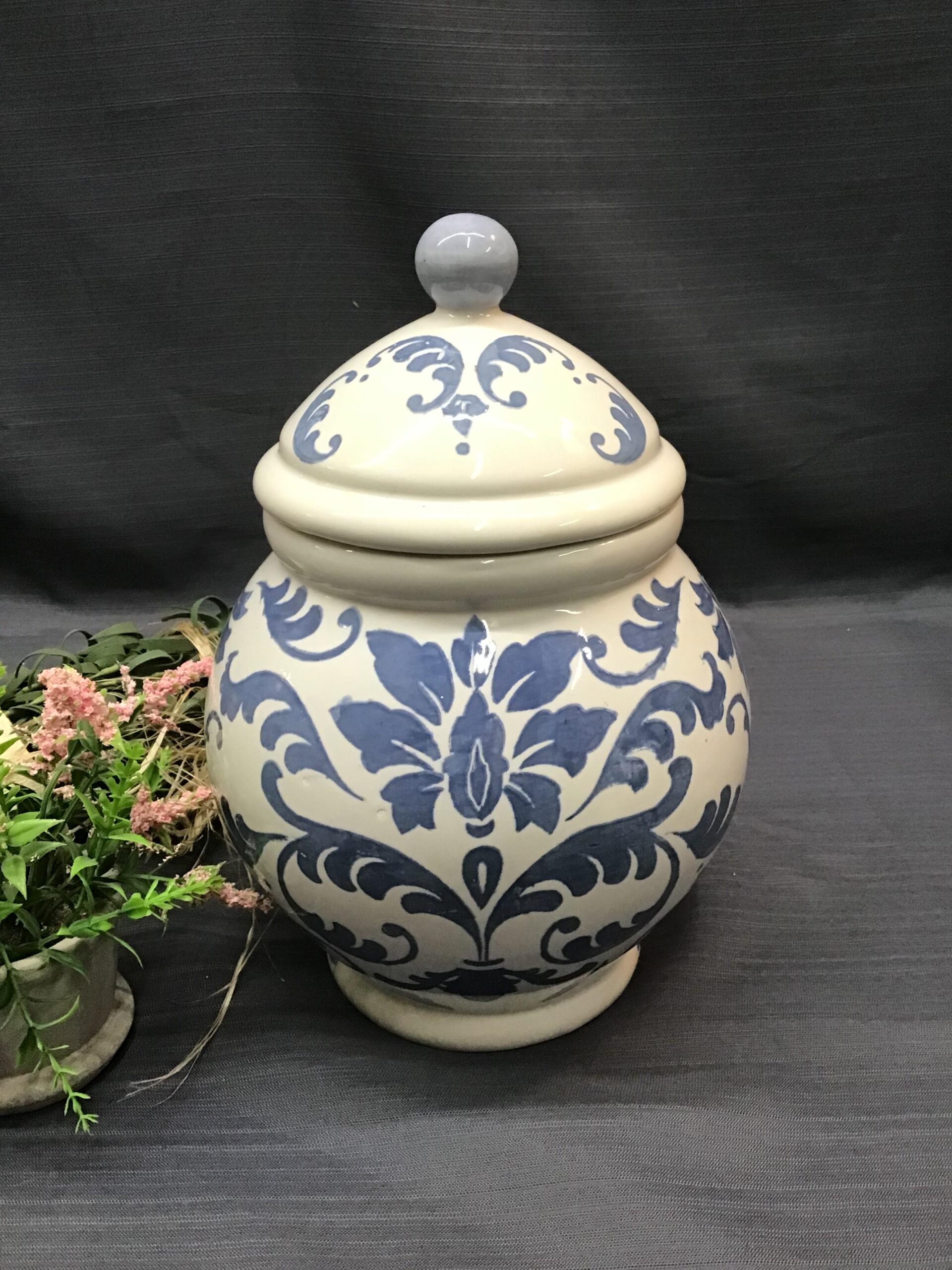 Blue/ White Swirl Porcelain Lidded Urn