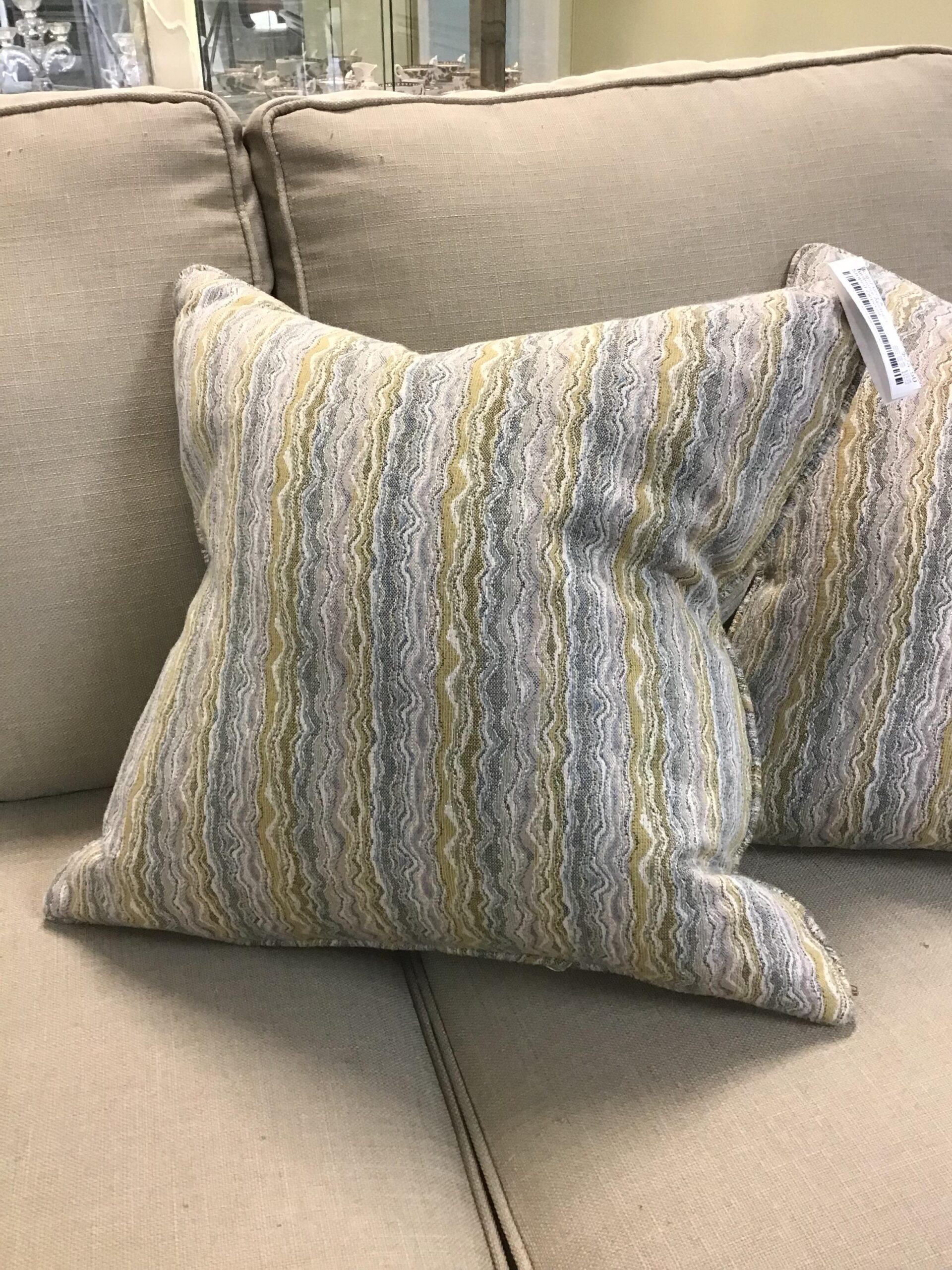 Beige/ Grey & Turquoise Abstract Striped Zippered Cushion