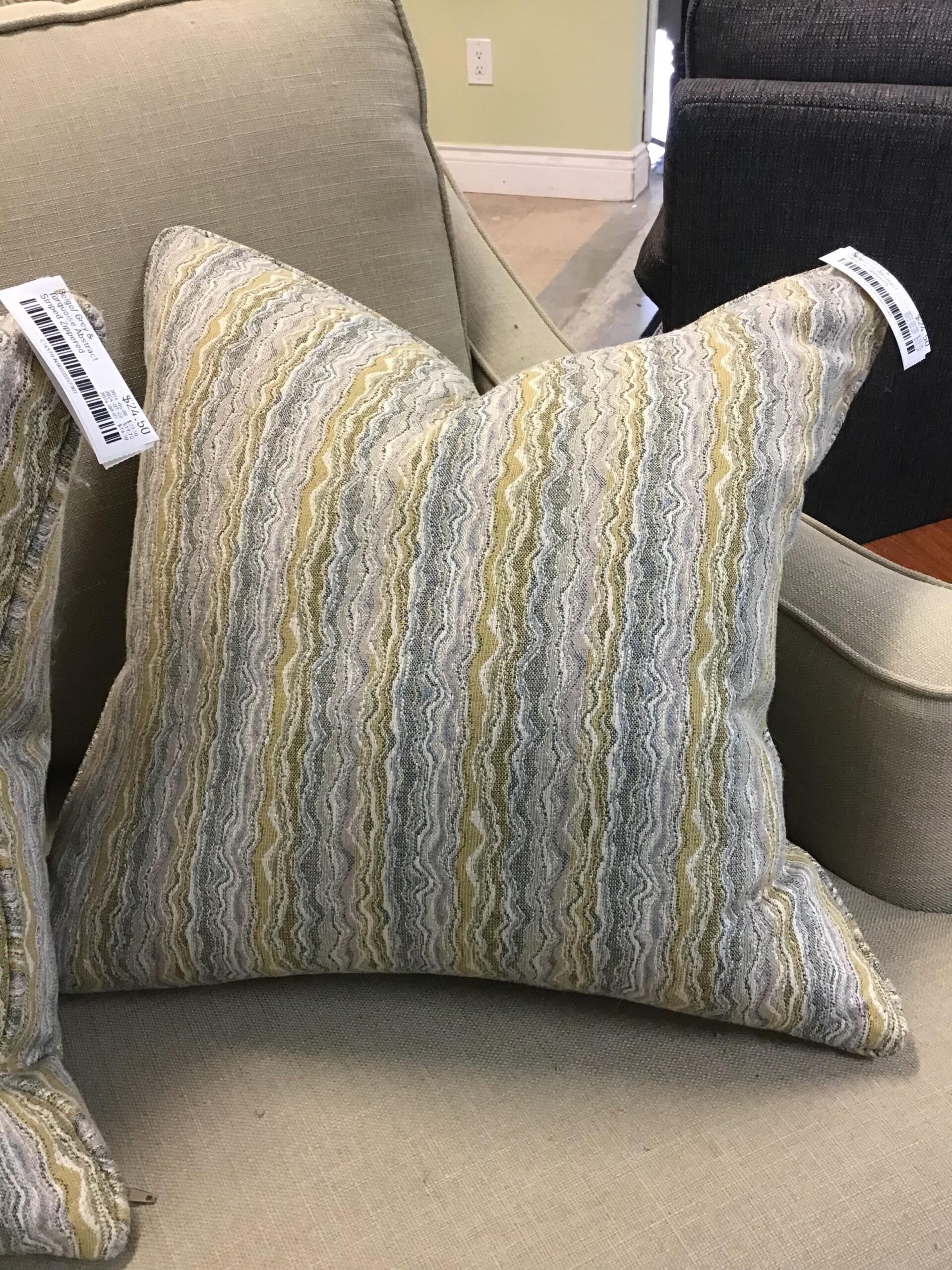 Beige/ Grey & Turquoise Abstract Striped Zippered Cushion