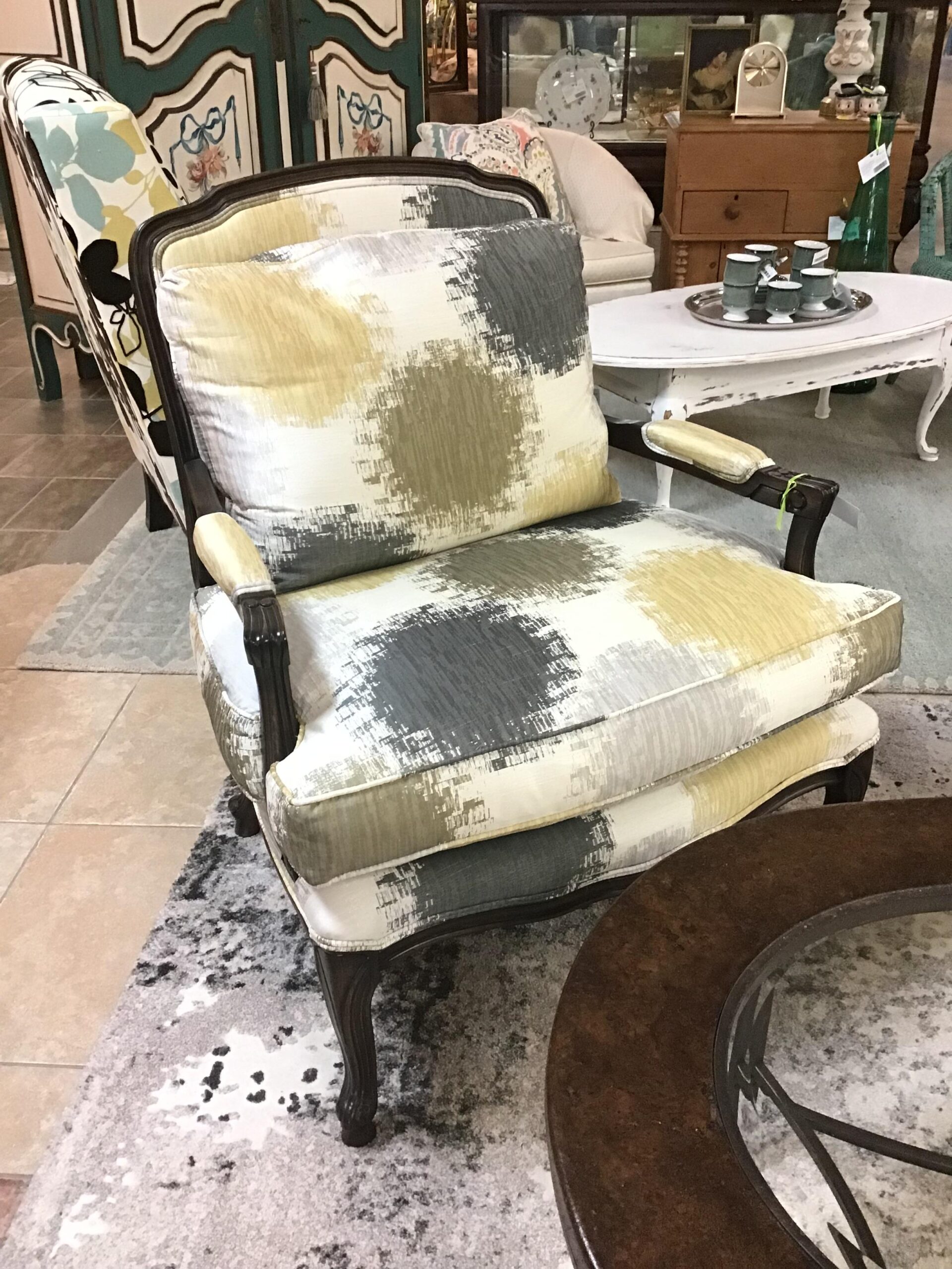 Off-White/ Grey & Yellow Bergere Chair