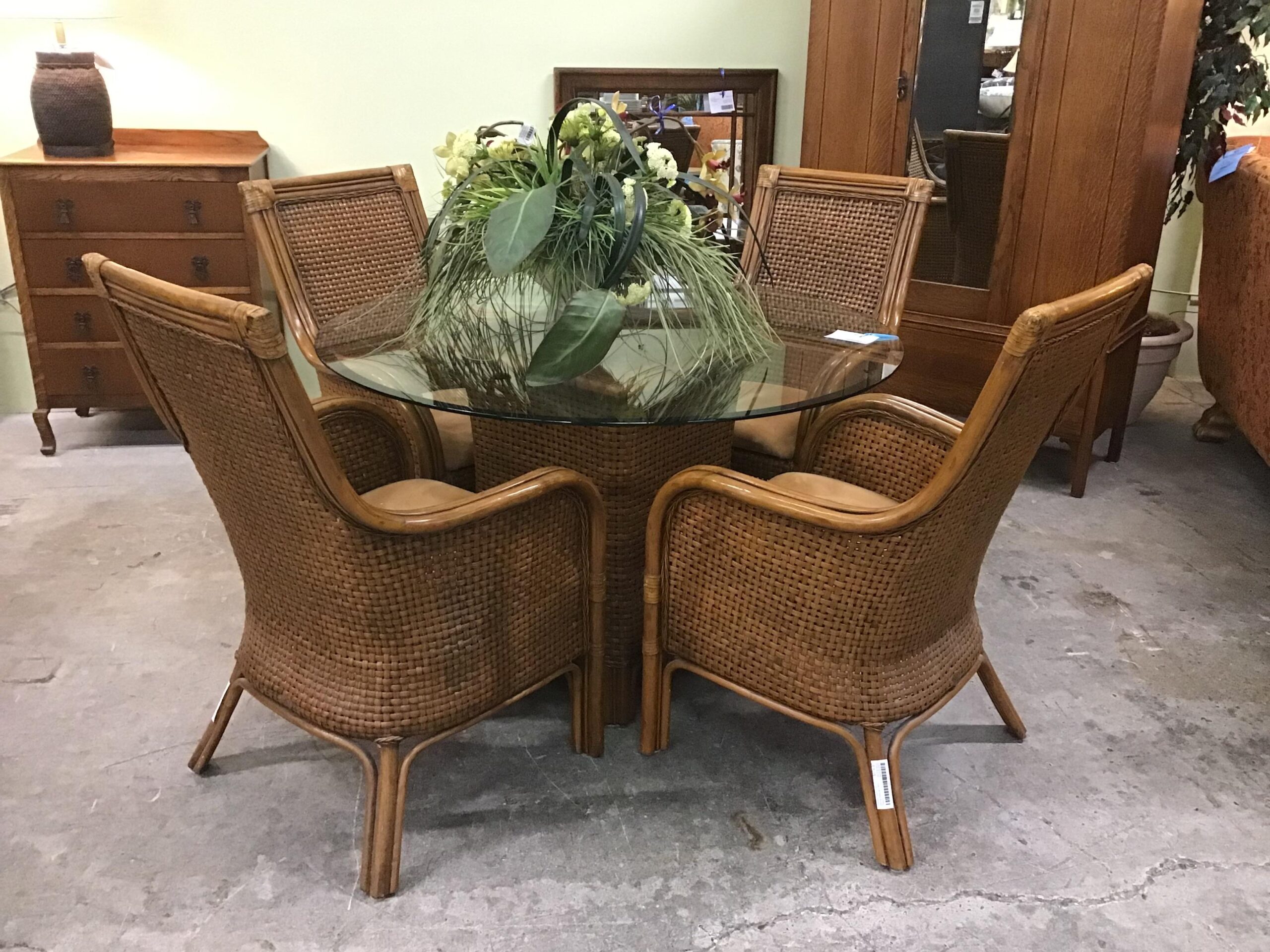 HOLD  Rattan/ Glass Top Dining Table w 4 Arm Chairs
