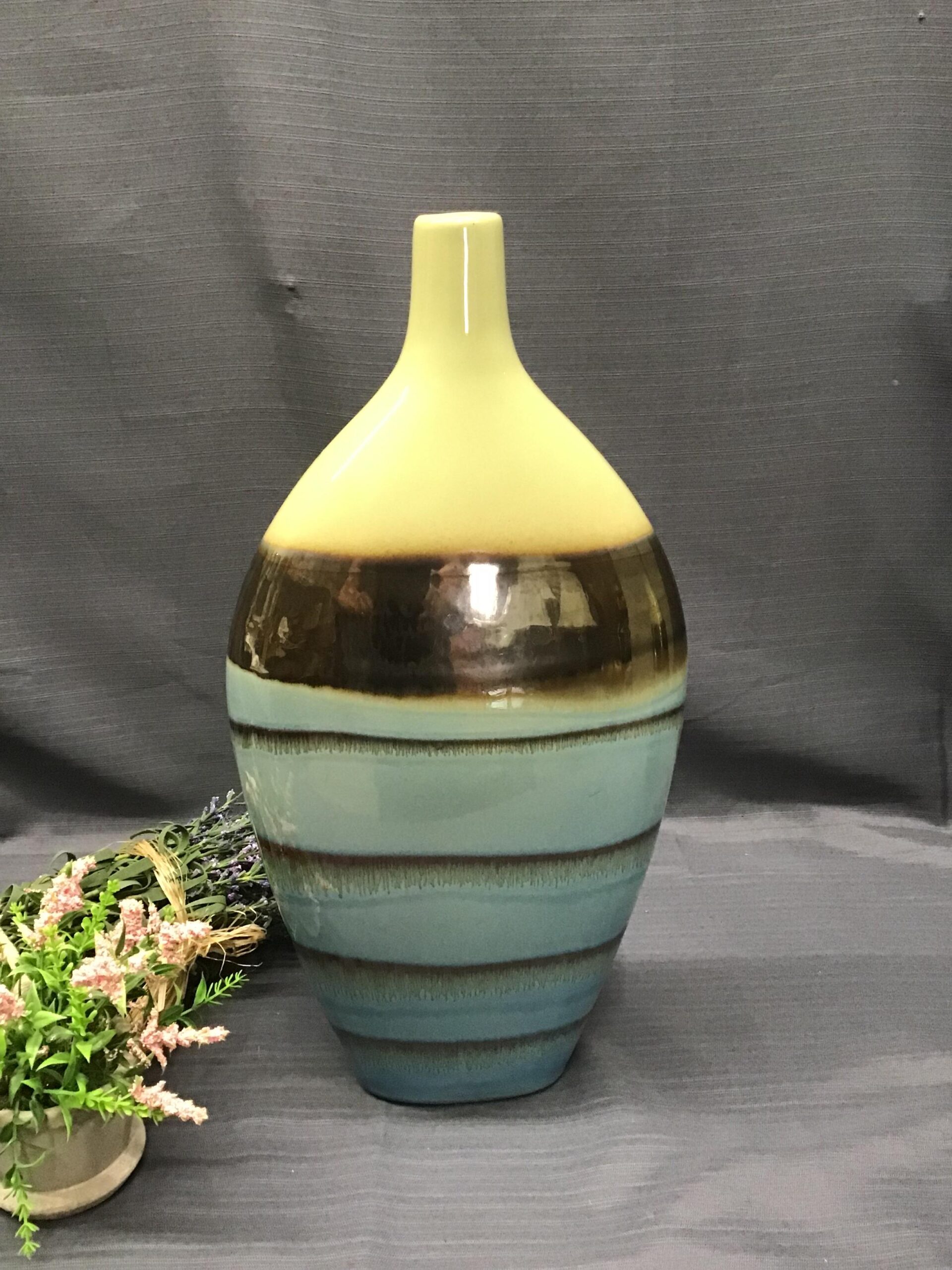 Turquoise/ Brown & Lime Ceramic Vase