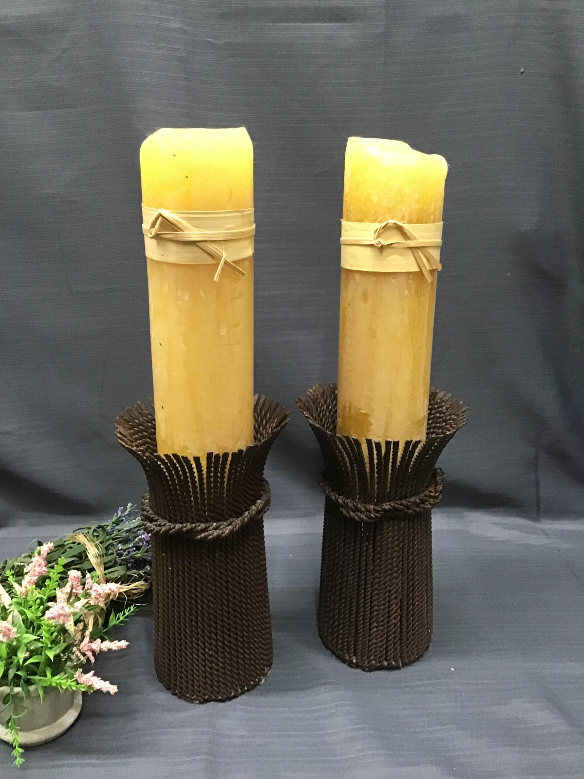 (Pair) Rustic Brown Twist Iron Candle Holders (with candle)