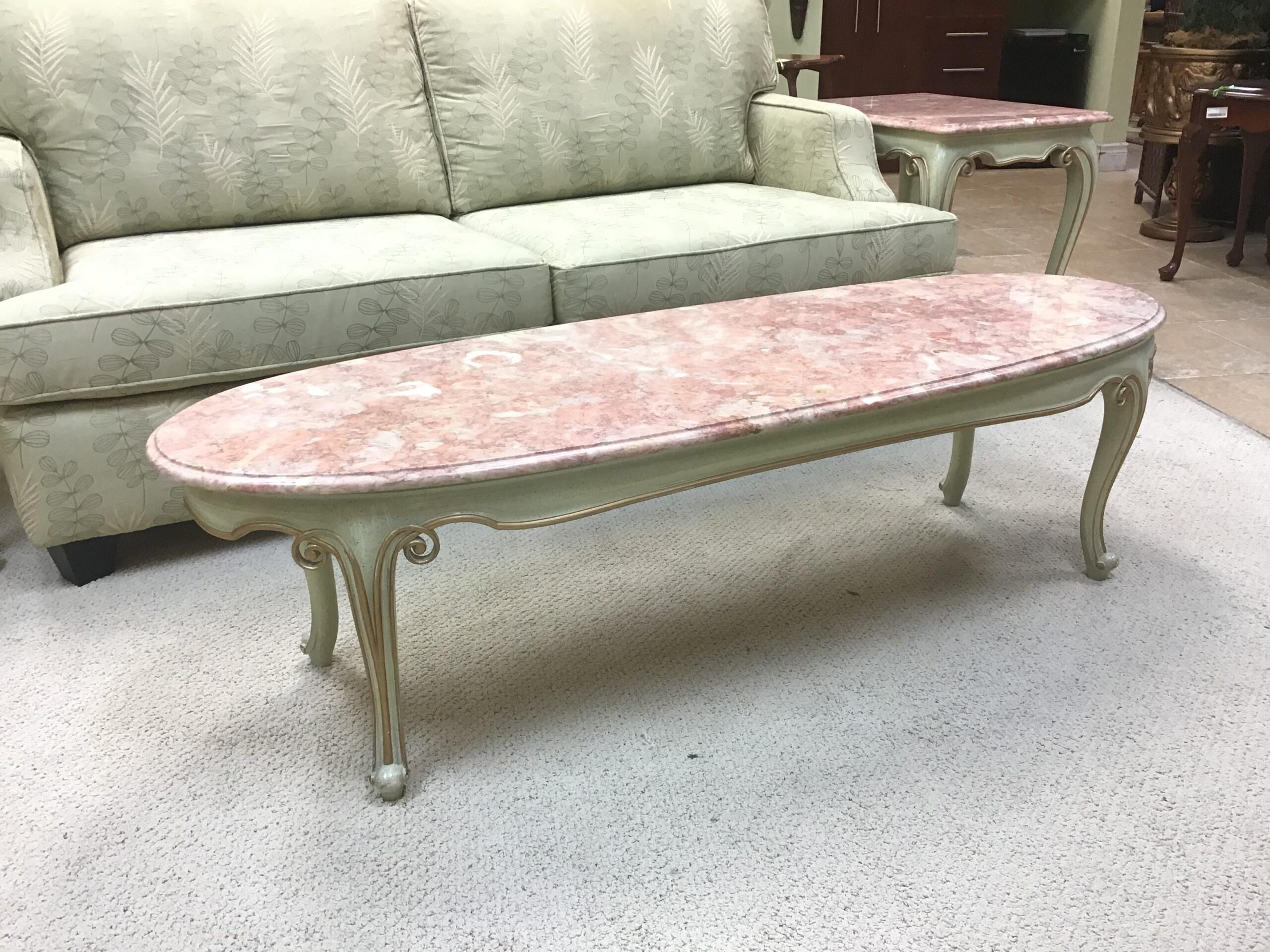Ivory Speckled & Gold/ Coral Marble Top Oval Coffee Table