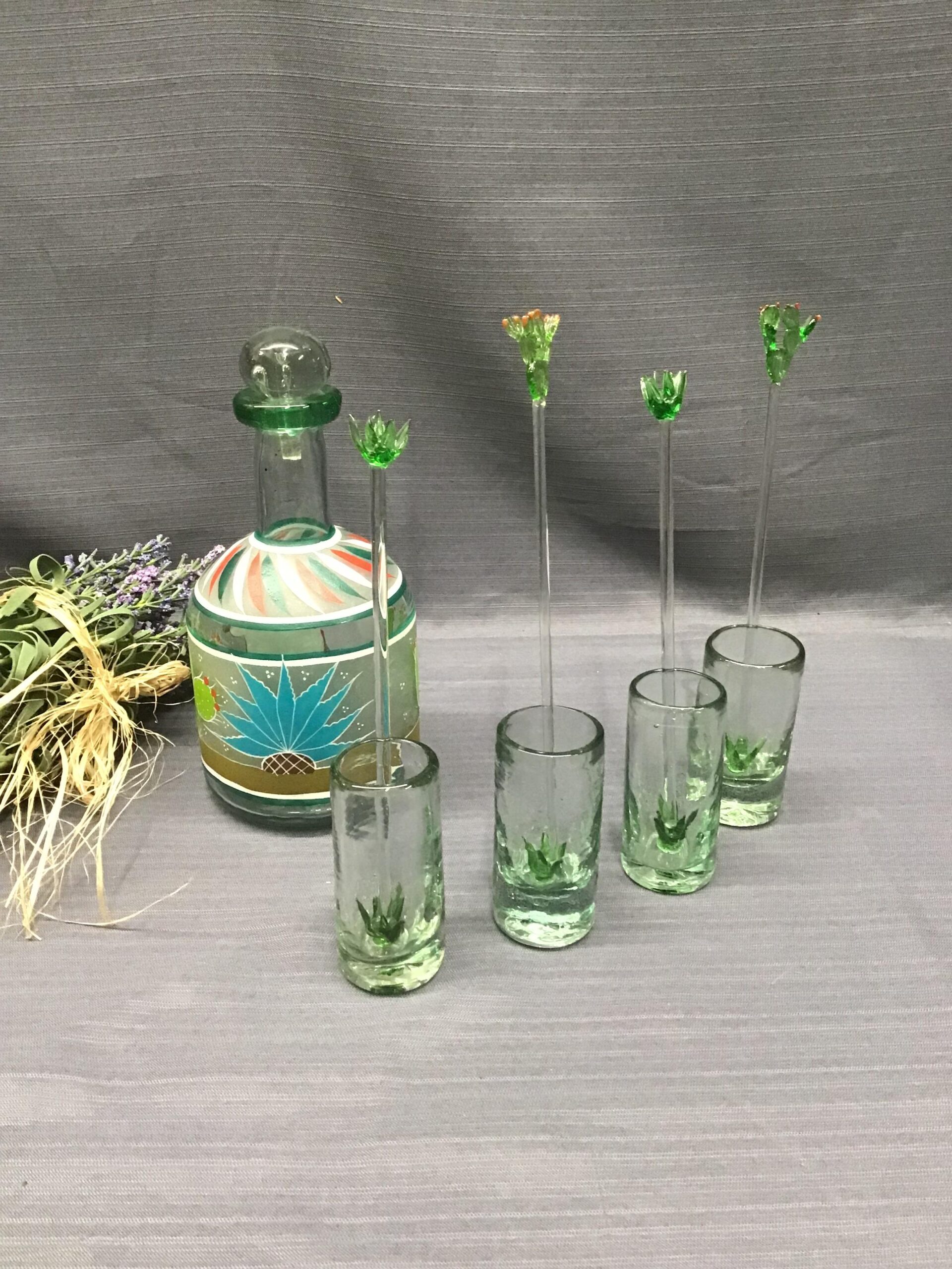 Hand Painted Green Glass Liqueur Decanter Set (9 pcs)