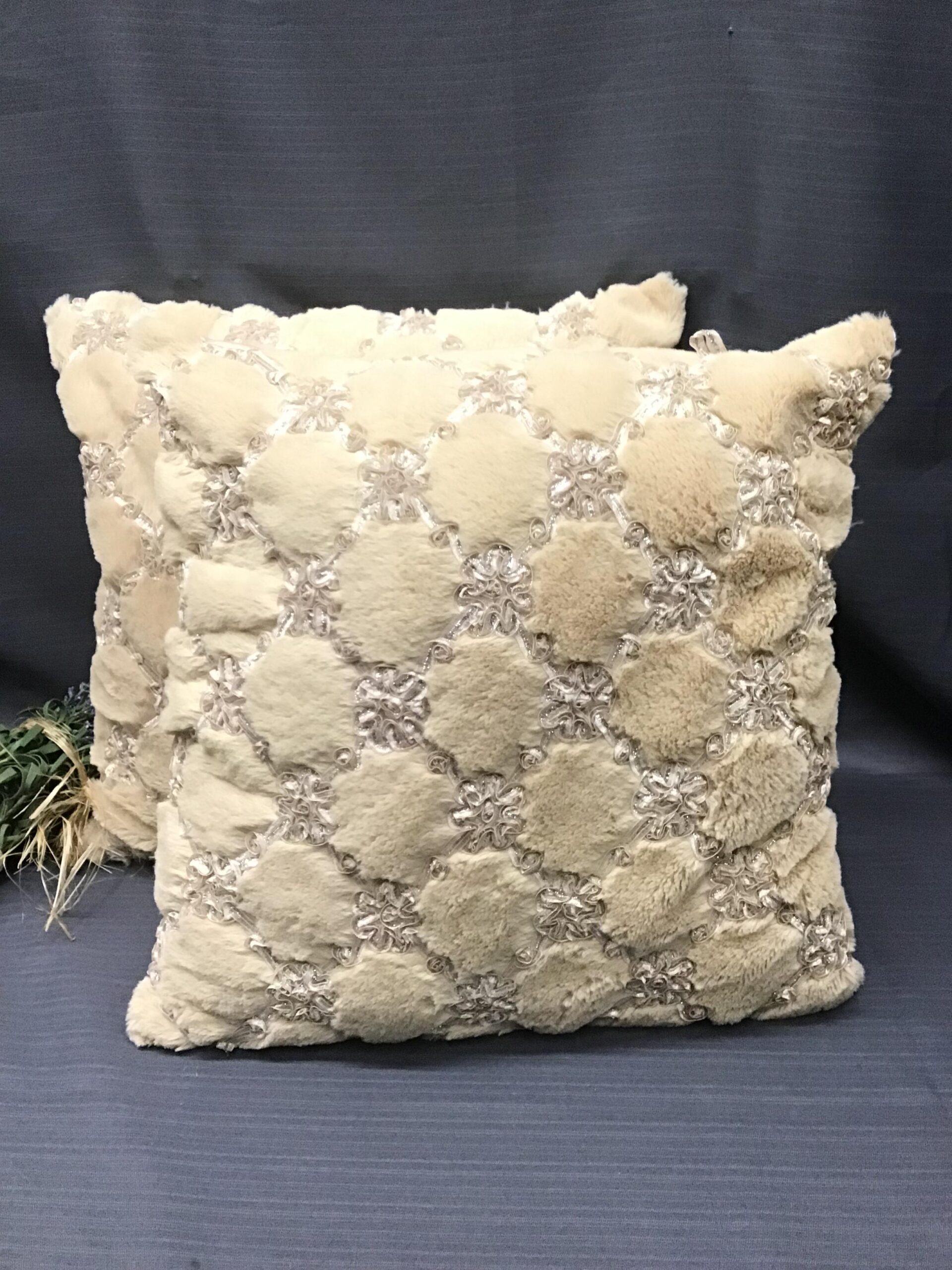 (Pair) Beige Faux Fur/ Embroidered Zippered Cushions