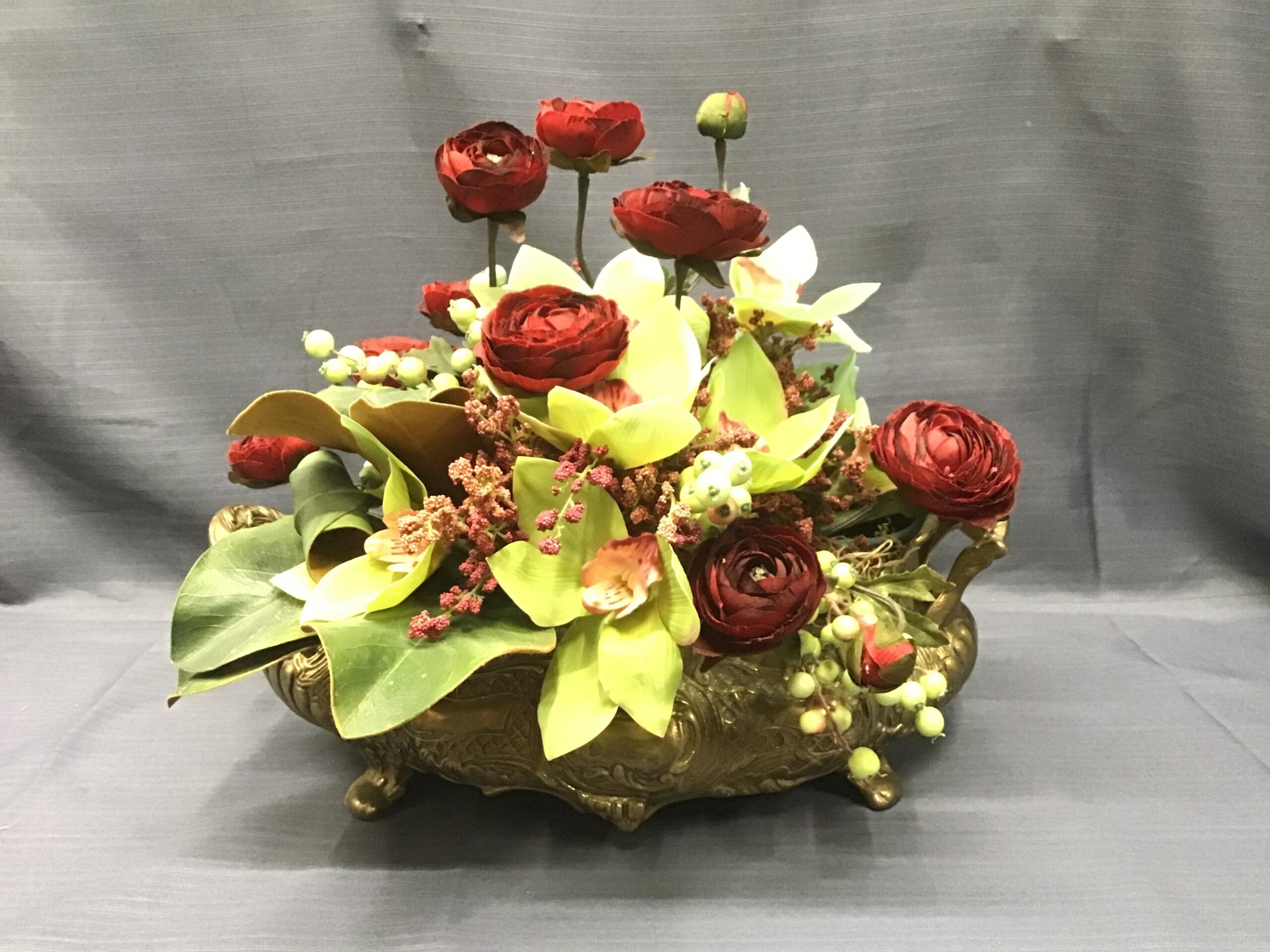 Artificial Red Rose Arrangement in Etched Brass Planter