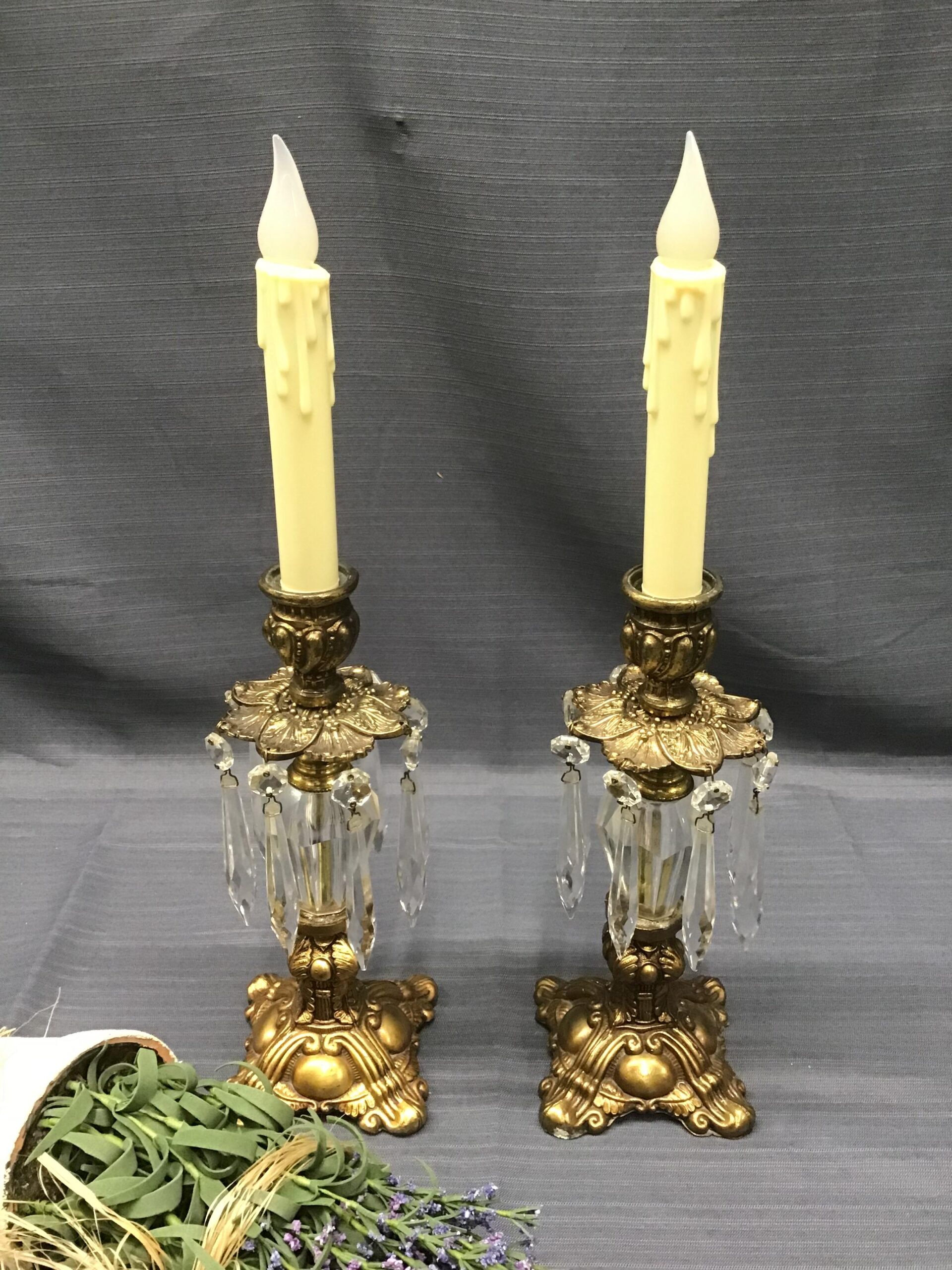 (Pair) Gold  Prism Candle Holders w Faux Candles