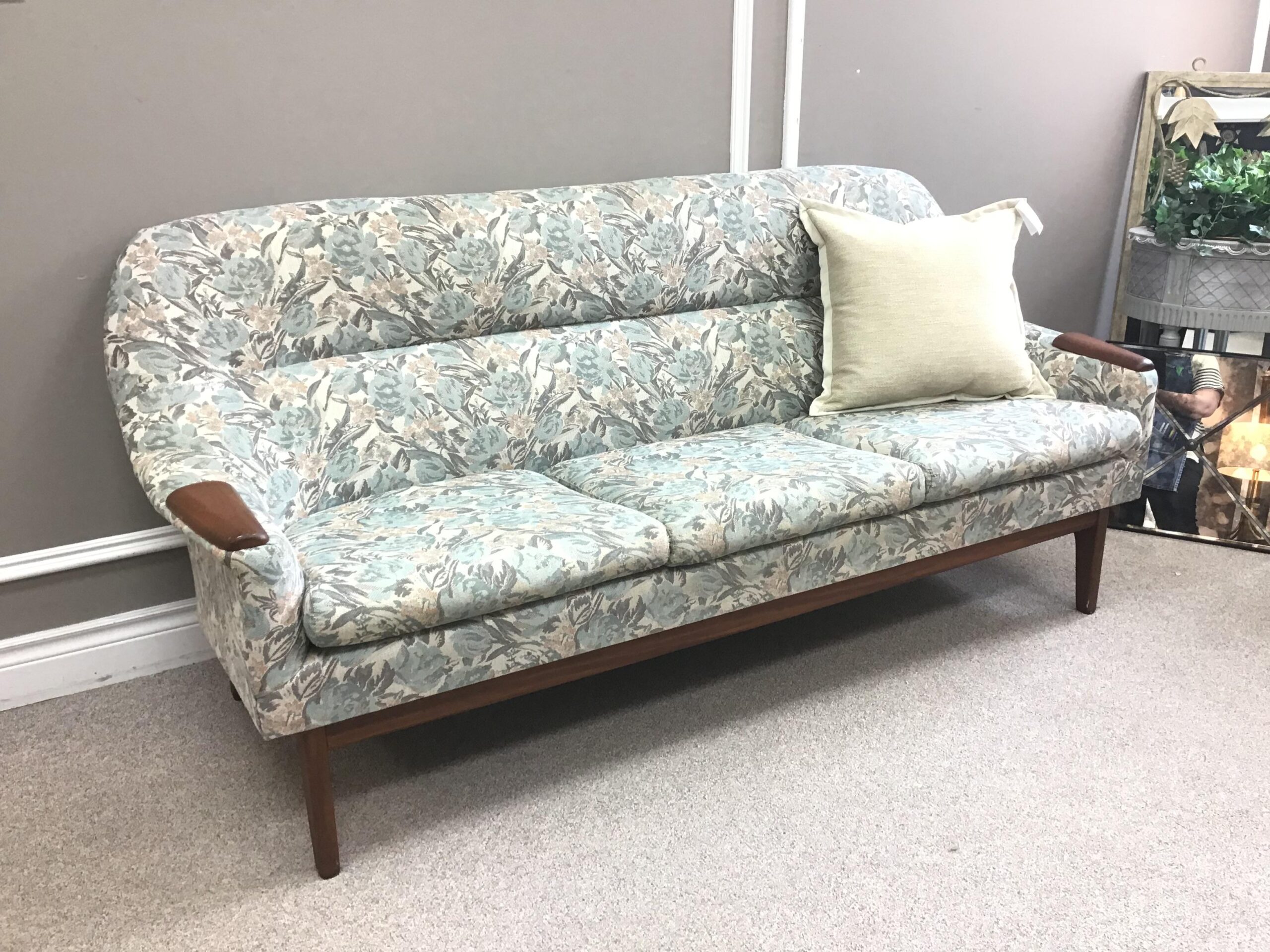 Mid-Century Teak Blue/ Beige Floral Sofa