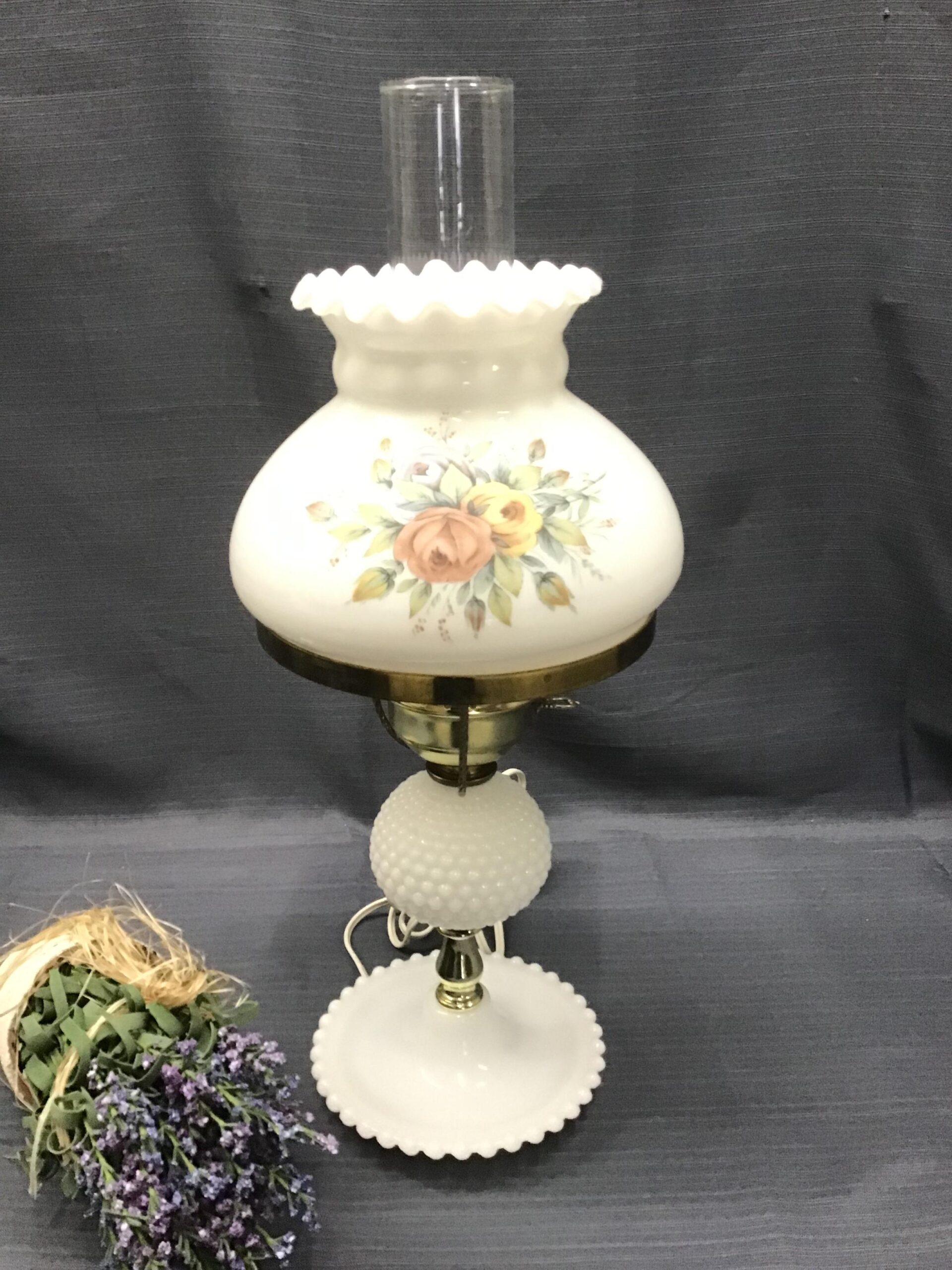 Milk Glass Floral Hurricane Lamp