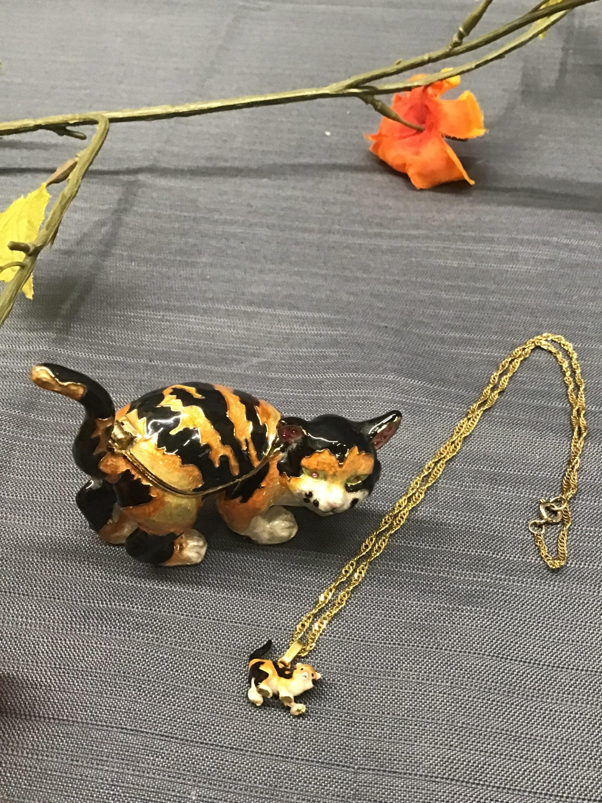 Black/ Orange Lightning Striped Cat Trinket Box w Necklace (2 pcs.)