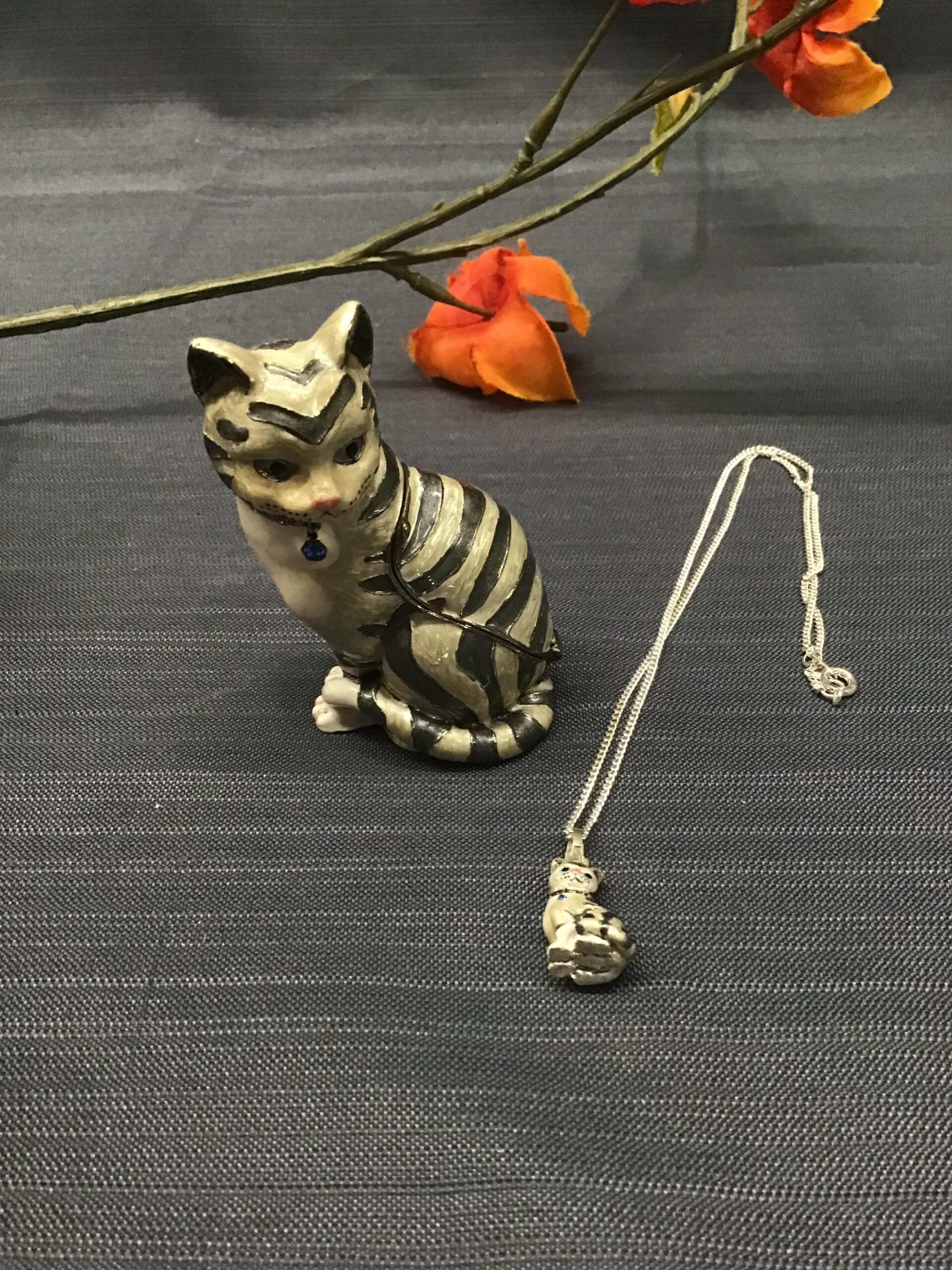Grey/ White Striped Cat Trinket Box w Necklace (2 pcs.)