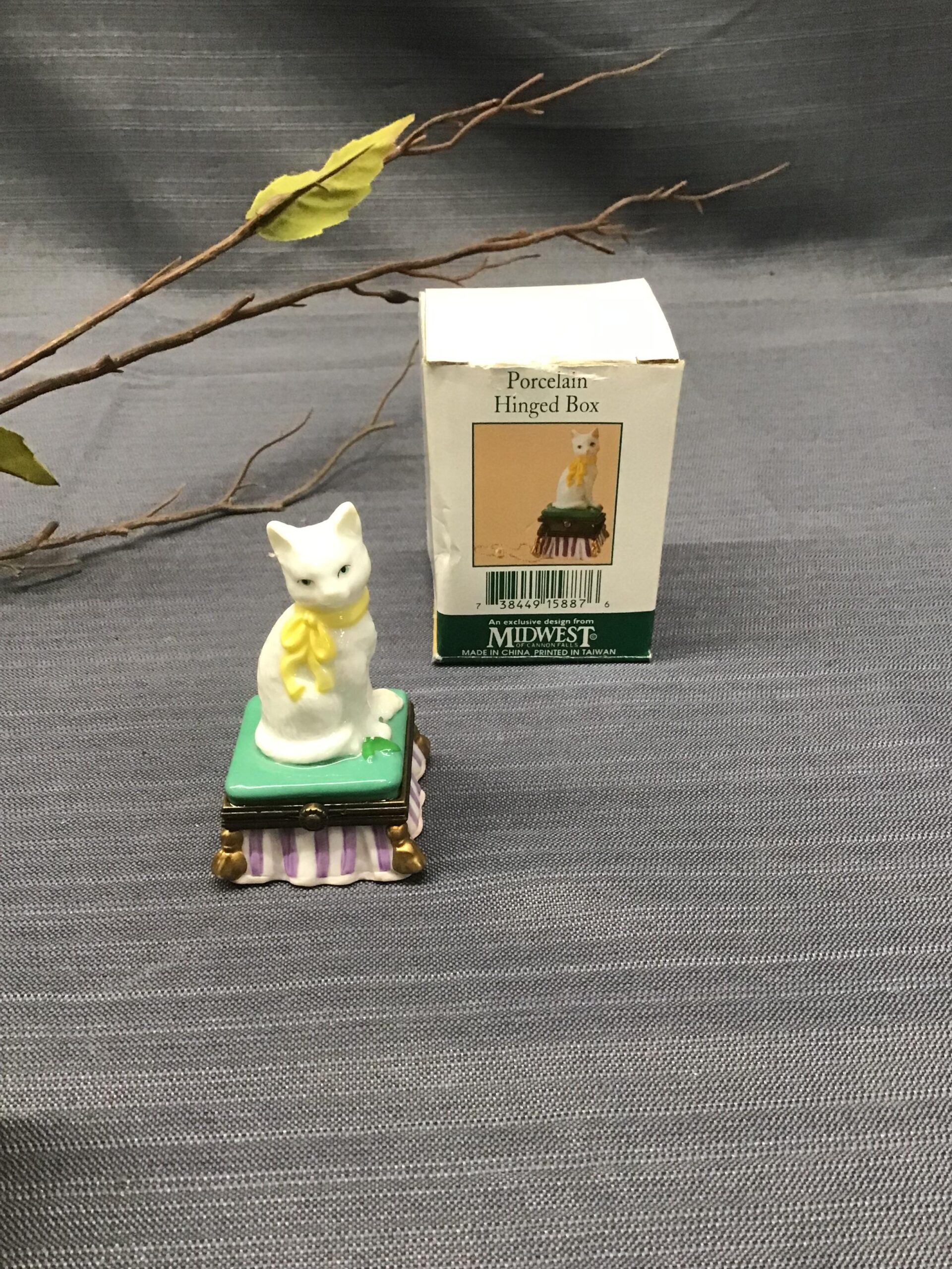 White Cat Sitting on Trinket Box (box in back)