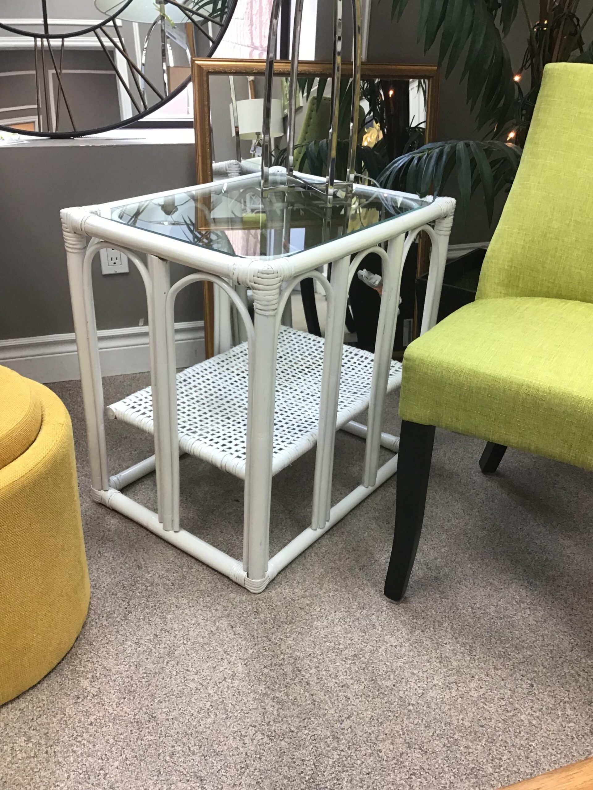 White Wicker/ Glass Top Side Table