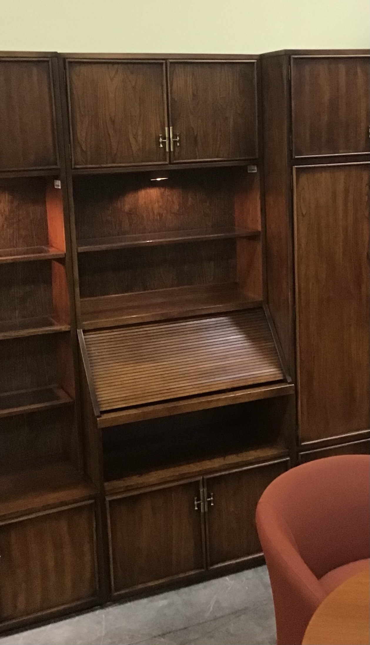Vintage Lighted Cabinet with Roll-back Desk Platform