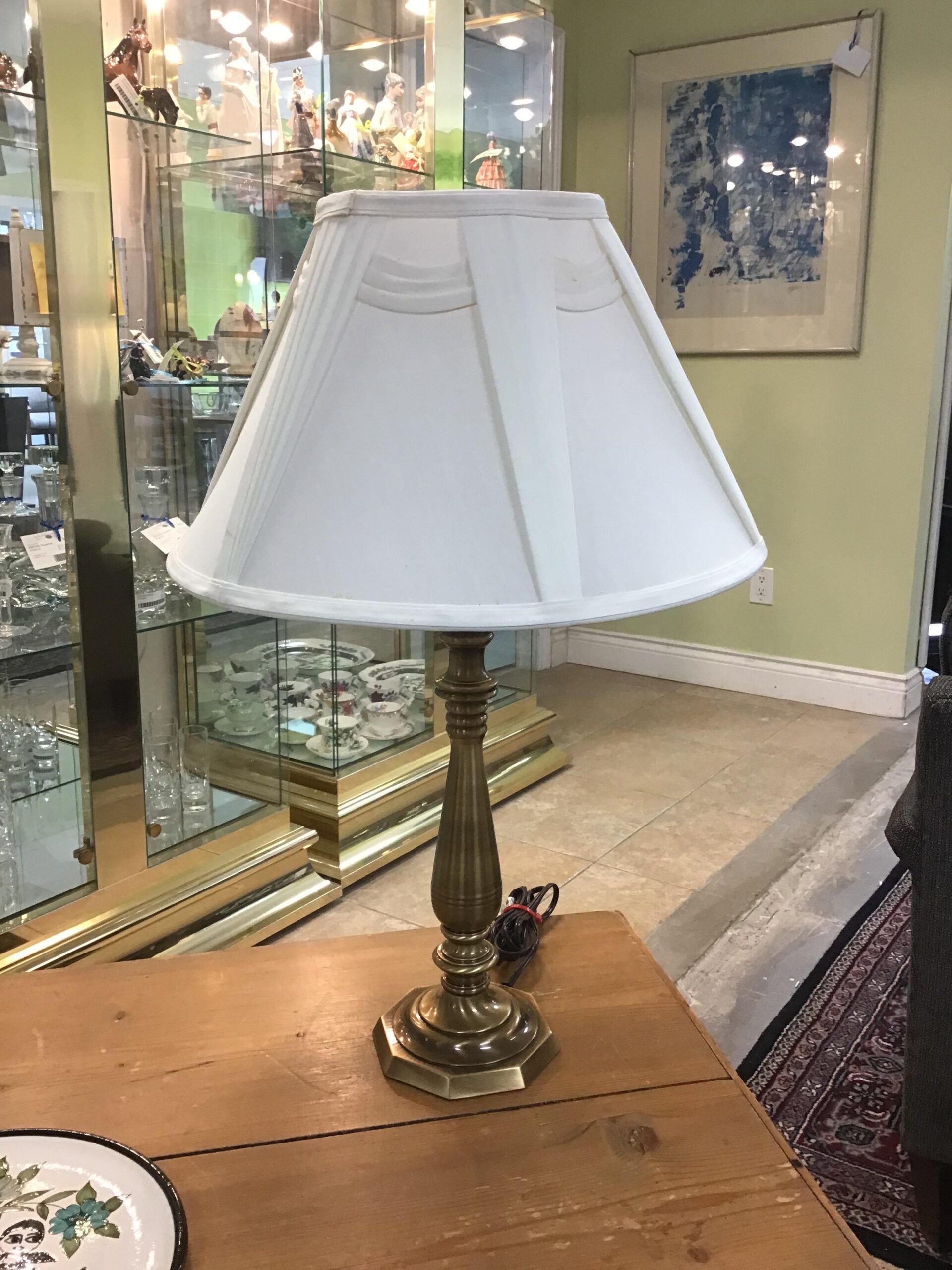 Antique Brass Lamp with Pleated Silk Shade