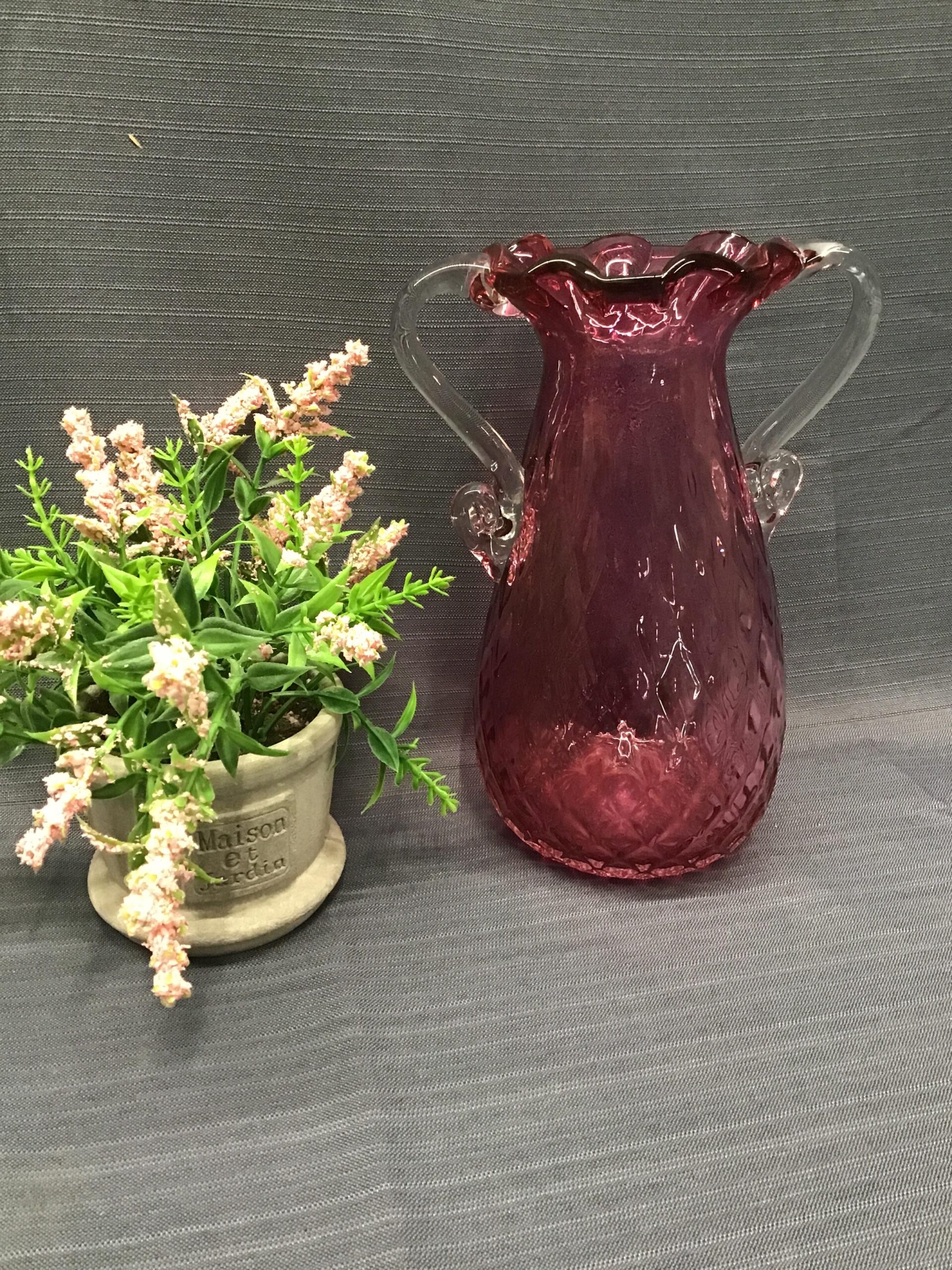 Cranberry Glass Vase w Handles