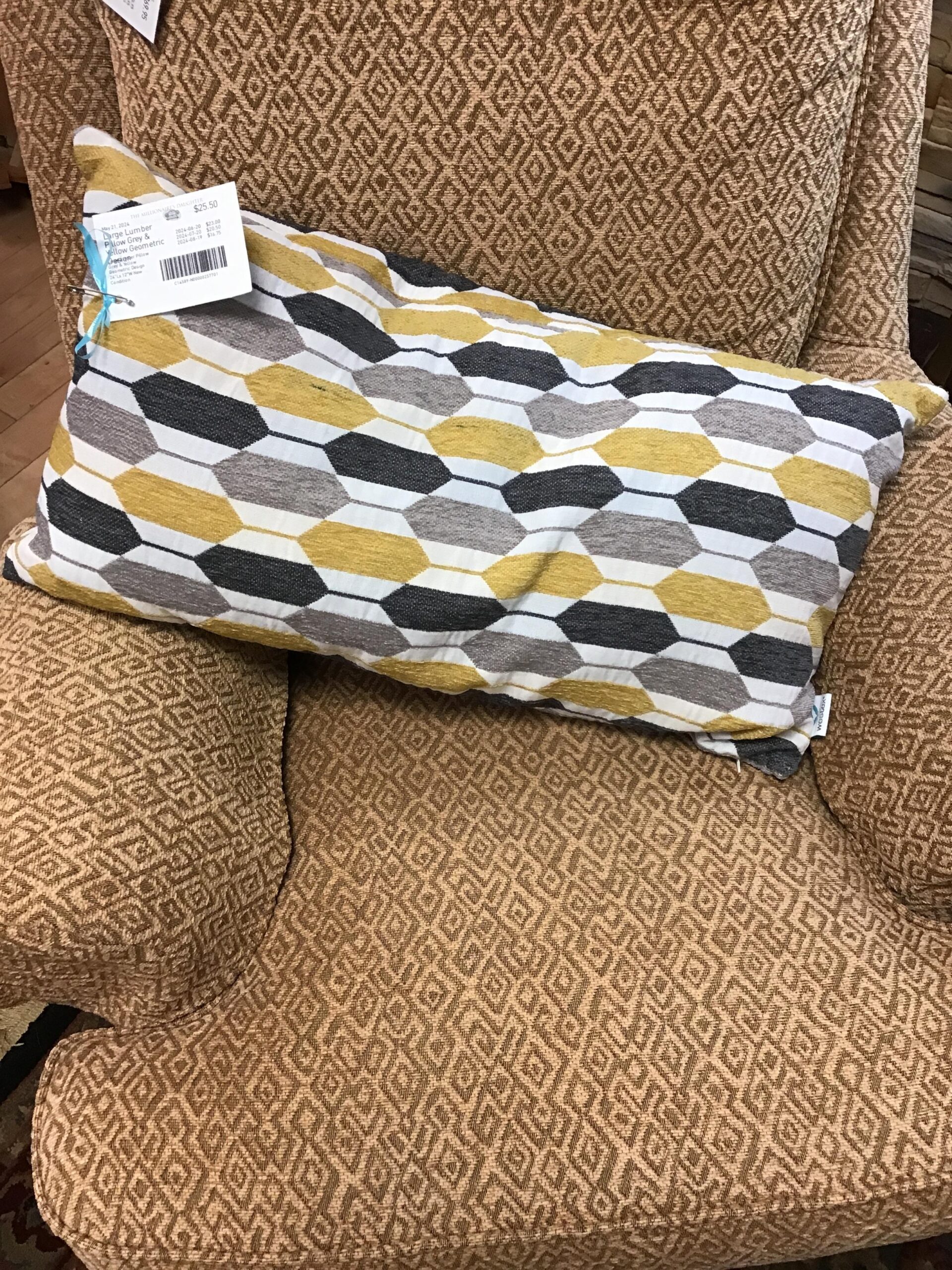 Large Lumber Pillow Grey & Yellow Geometric Design