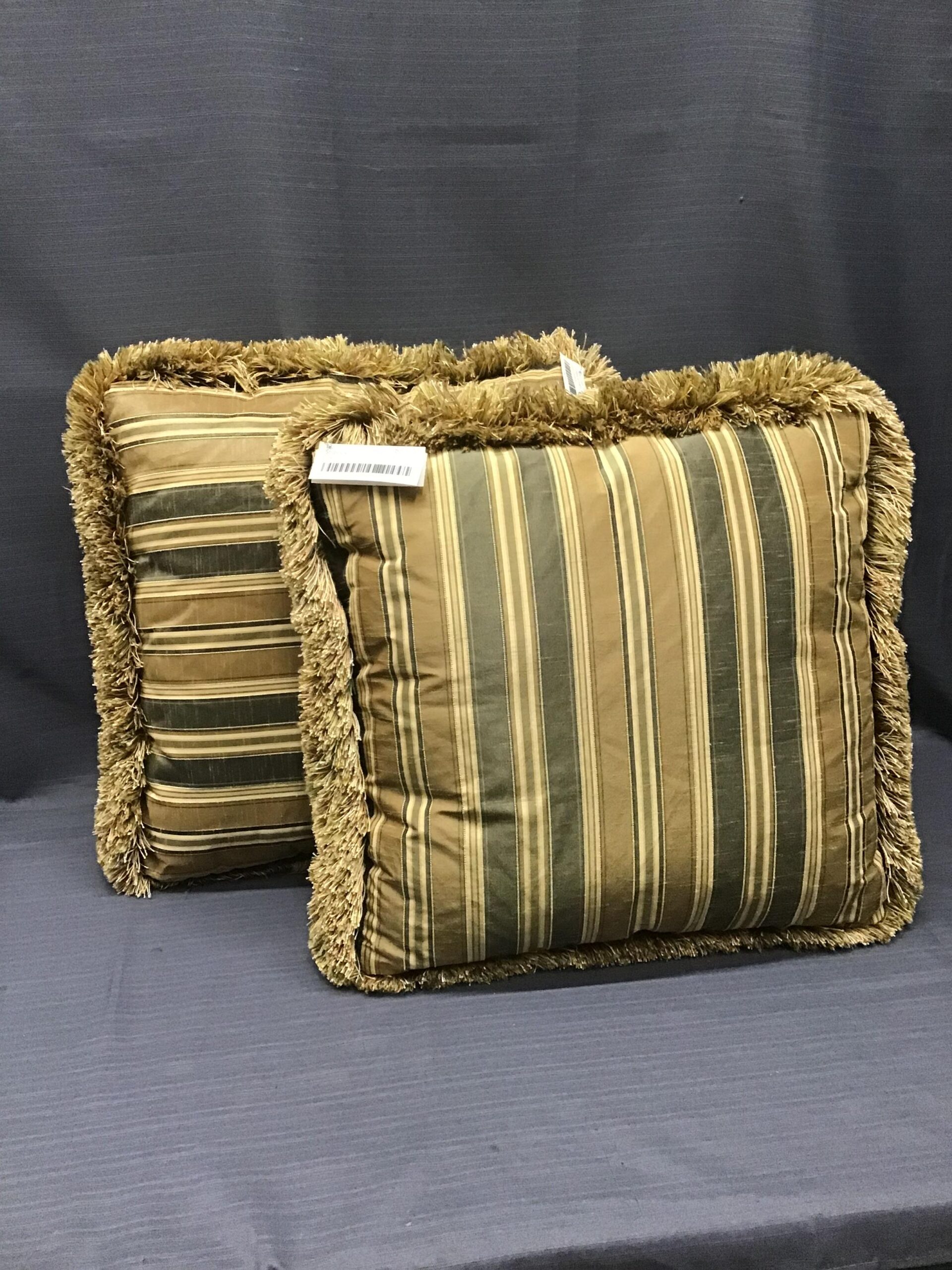 (Pair) Green/ Gold Striped & Fringed Silk Cushions
