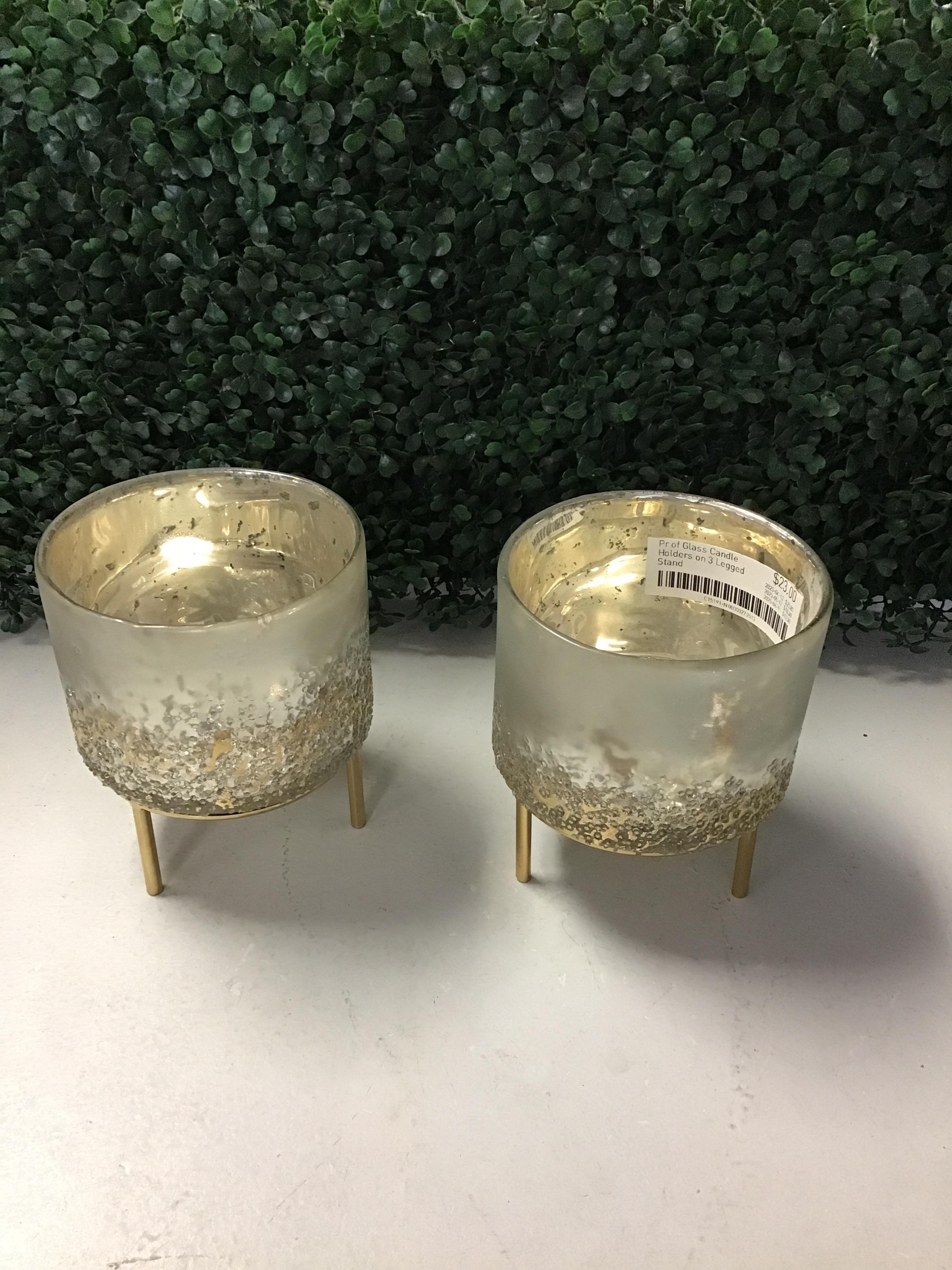 Pr of Glass Candle Holders on 3 Legged Stand