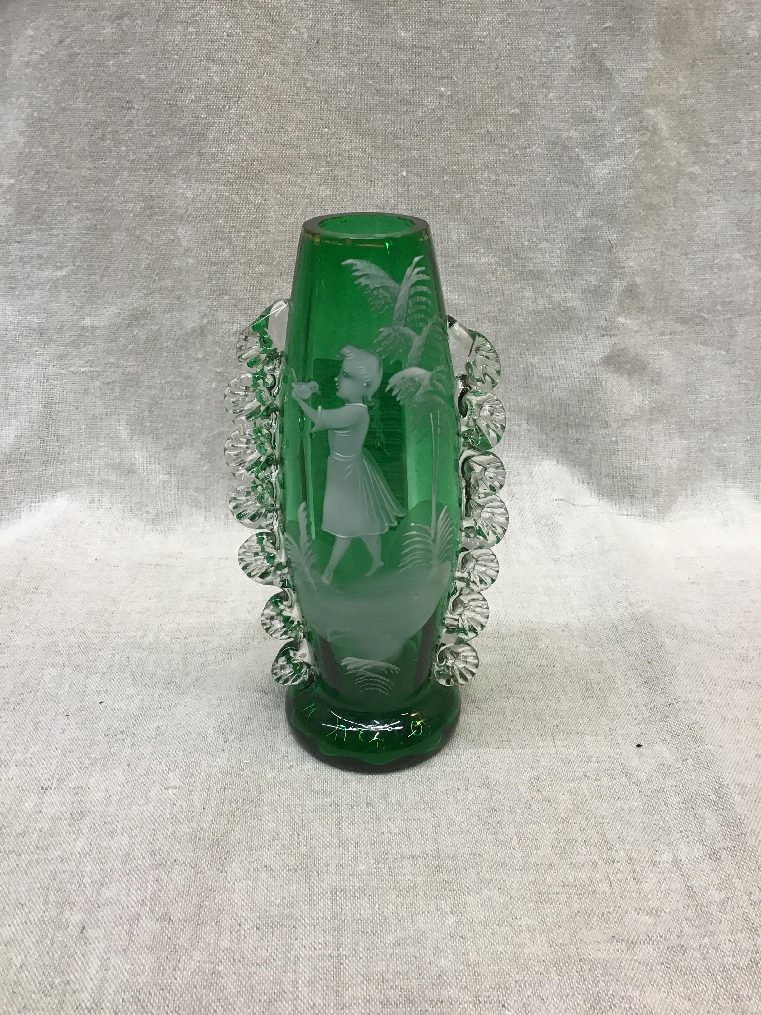 MARY GREGORY Green Glass Vase (Girl)
