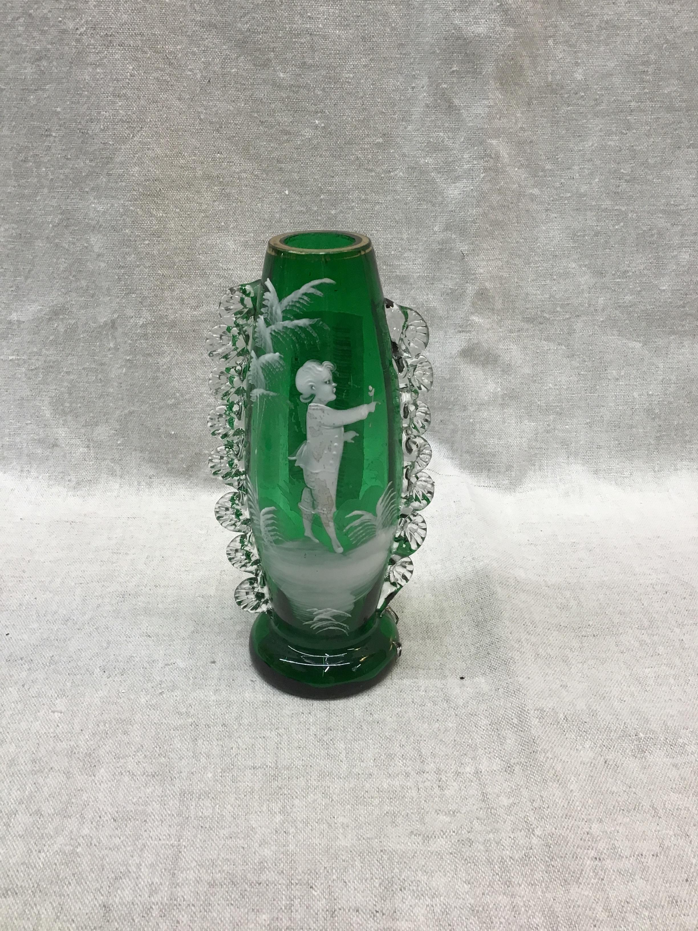 MARY GREGORY Green Glass Vase (Boy)