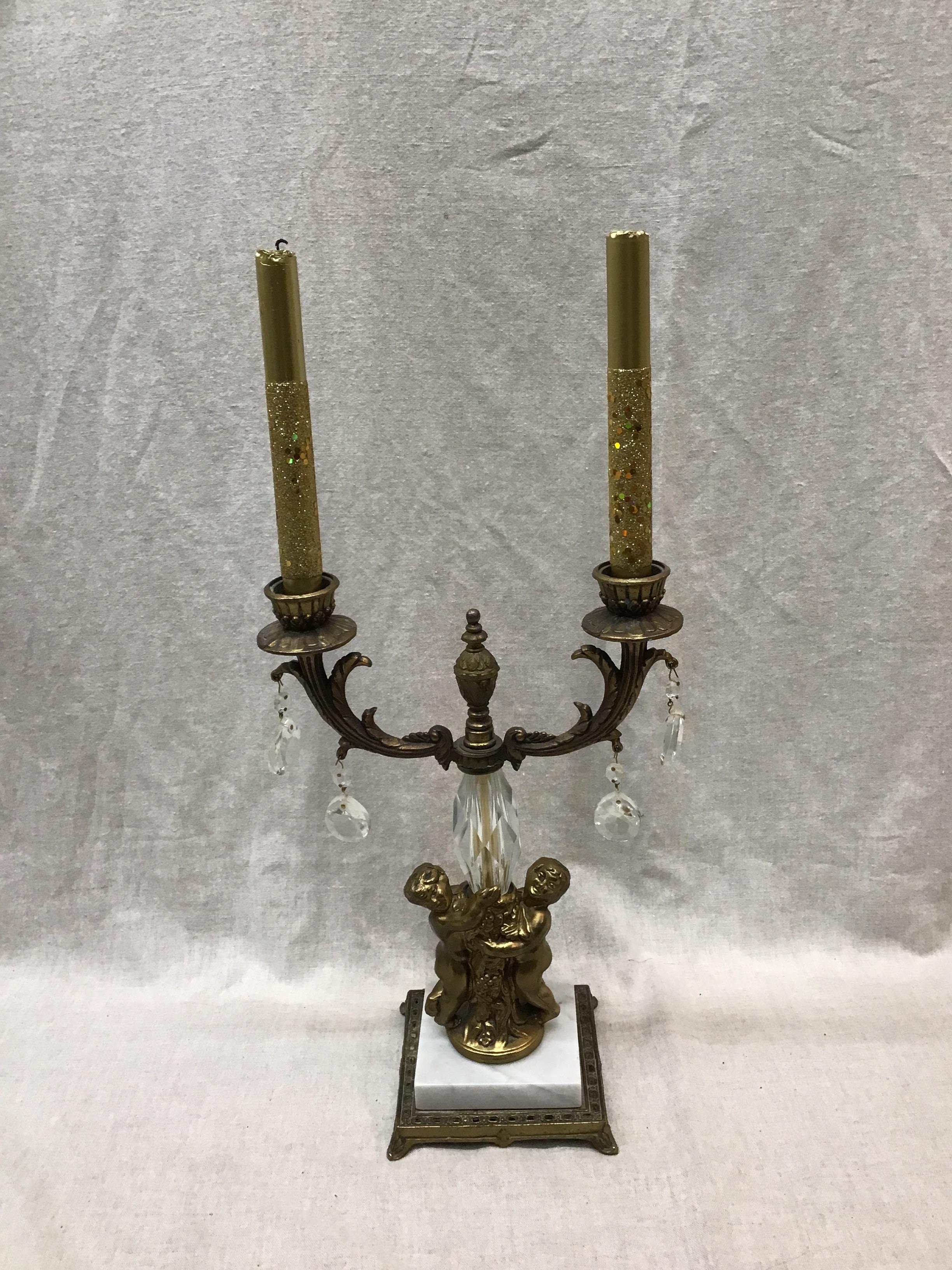 Vintage Brass & Crystal Cherub Candelabra
