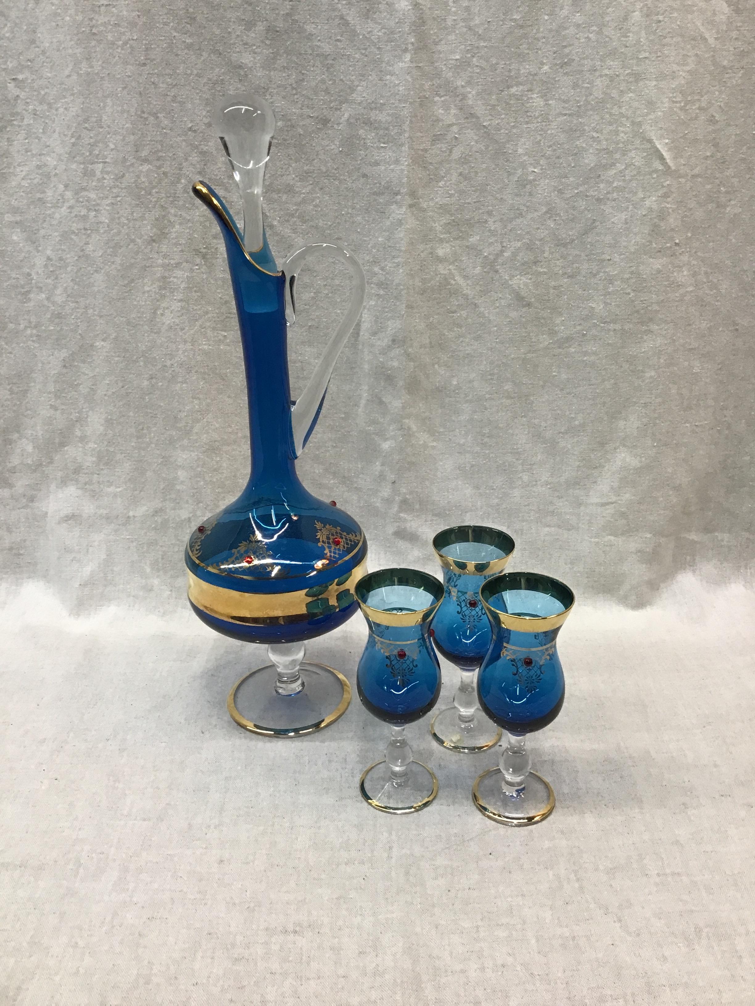 Vintage Vibrant Blue Venetian Glass Decanter Set