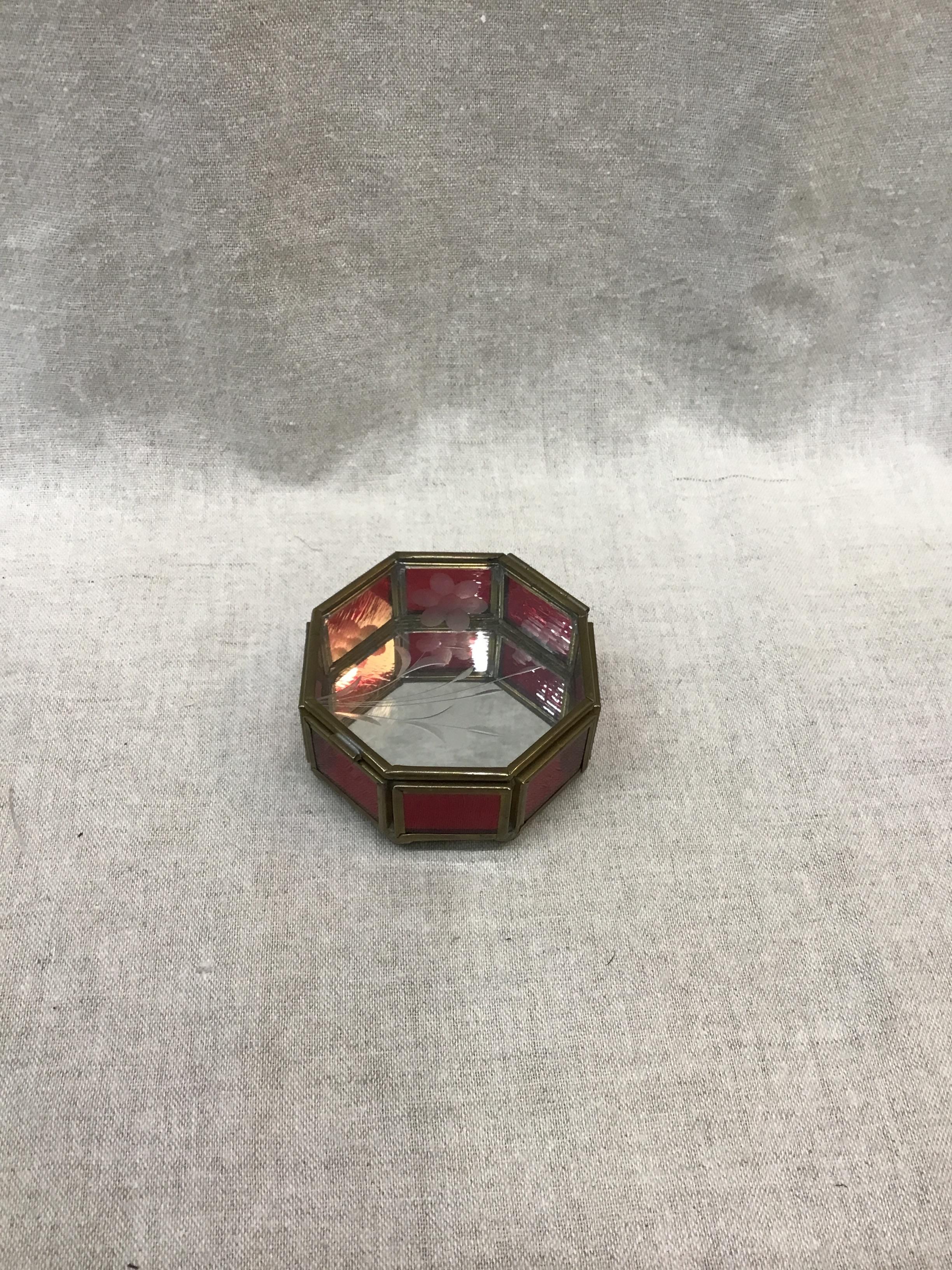Vintage Brass & Red Glass Trinket Box