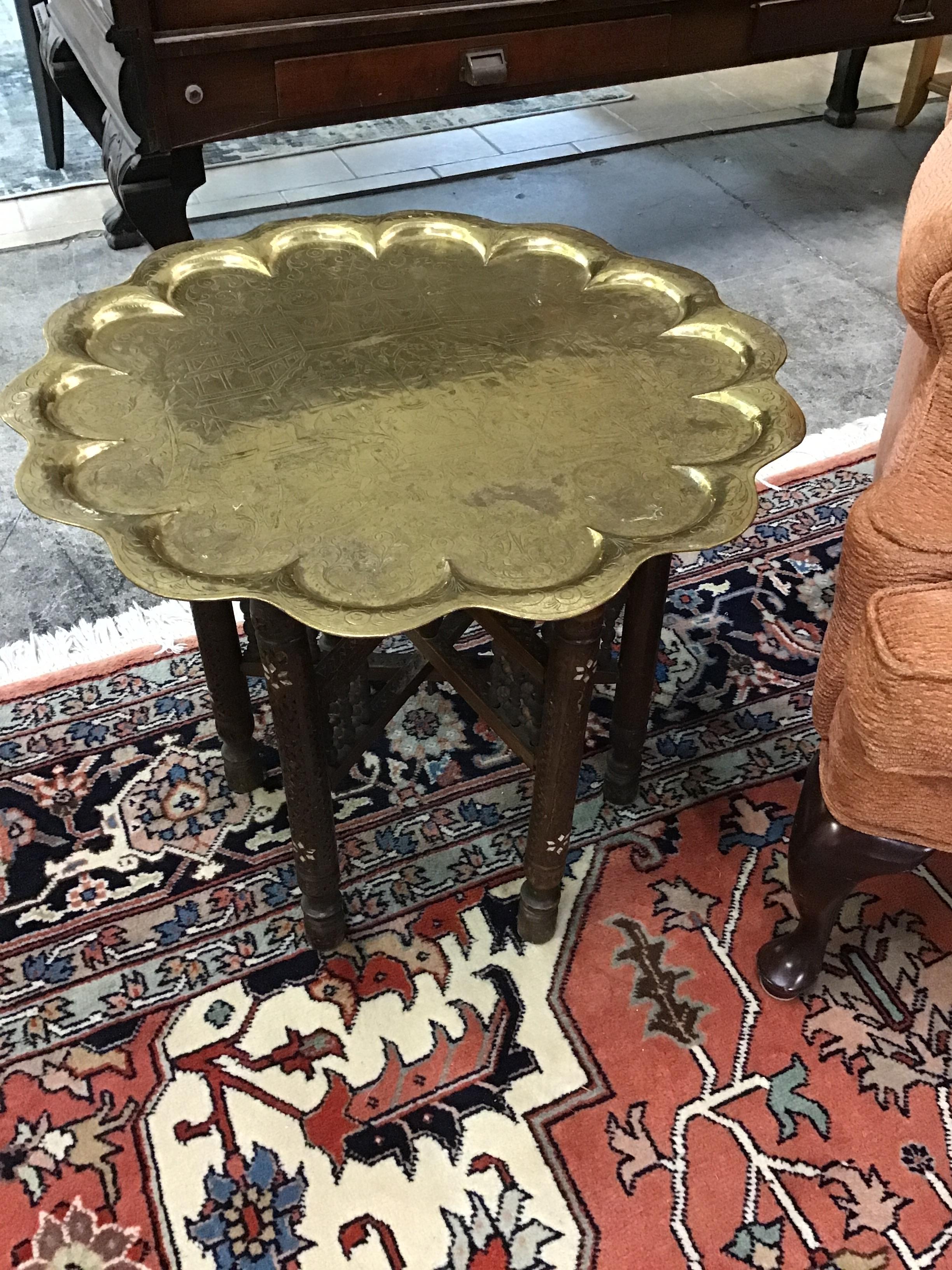 Vintage Brass & Carved Wood Tray Table (2 pcs.)