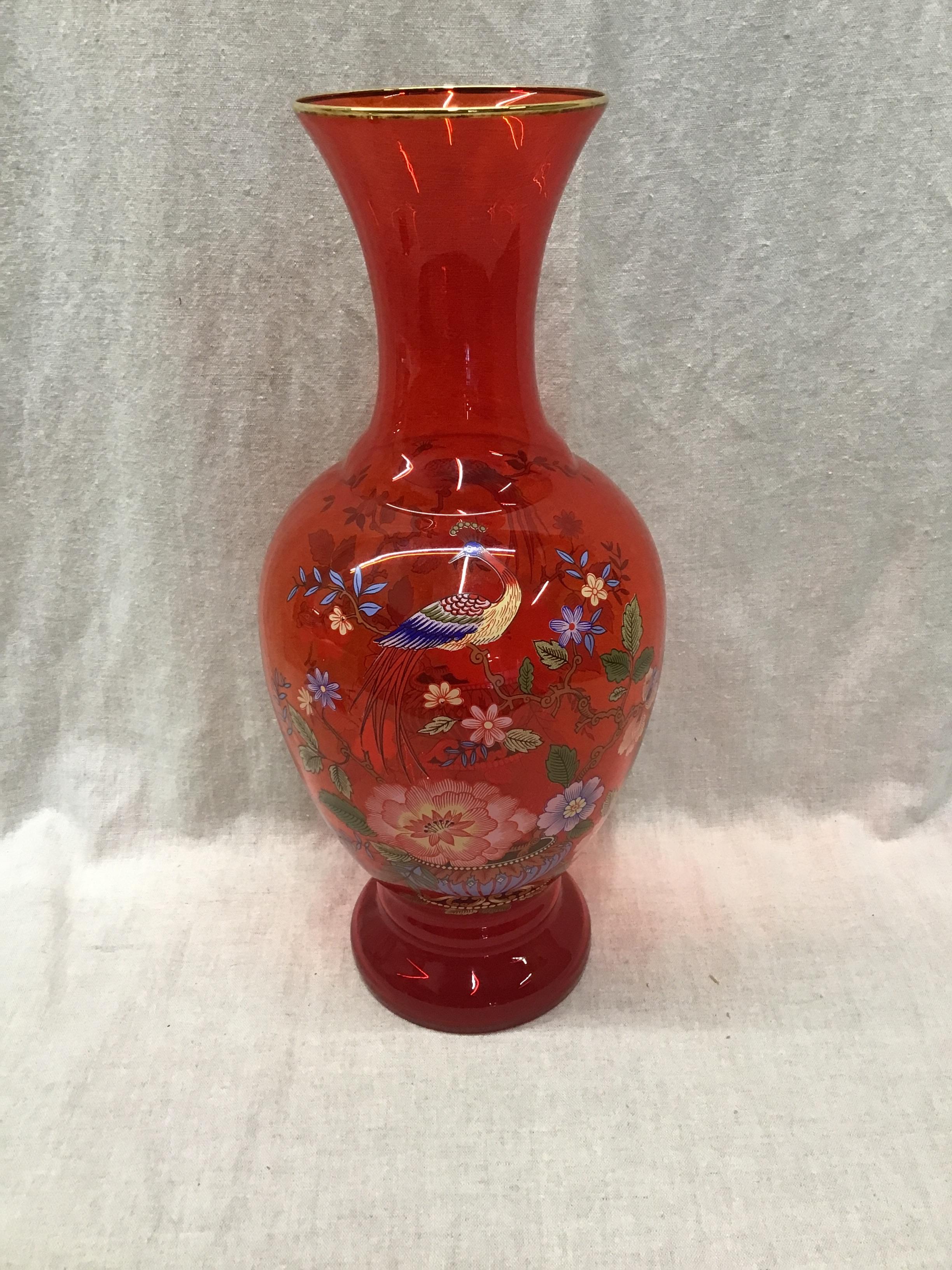 Red Glass Vase w Painted Florals & Birds