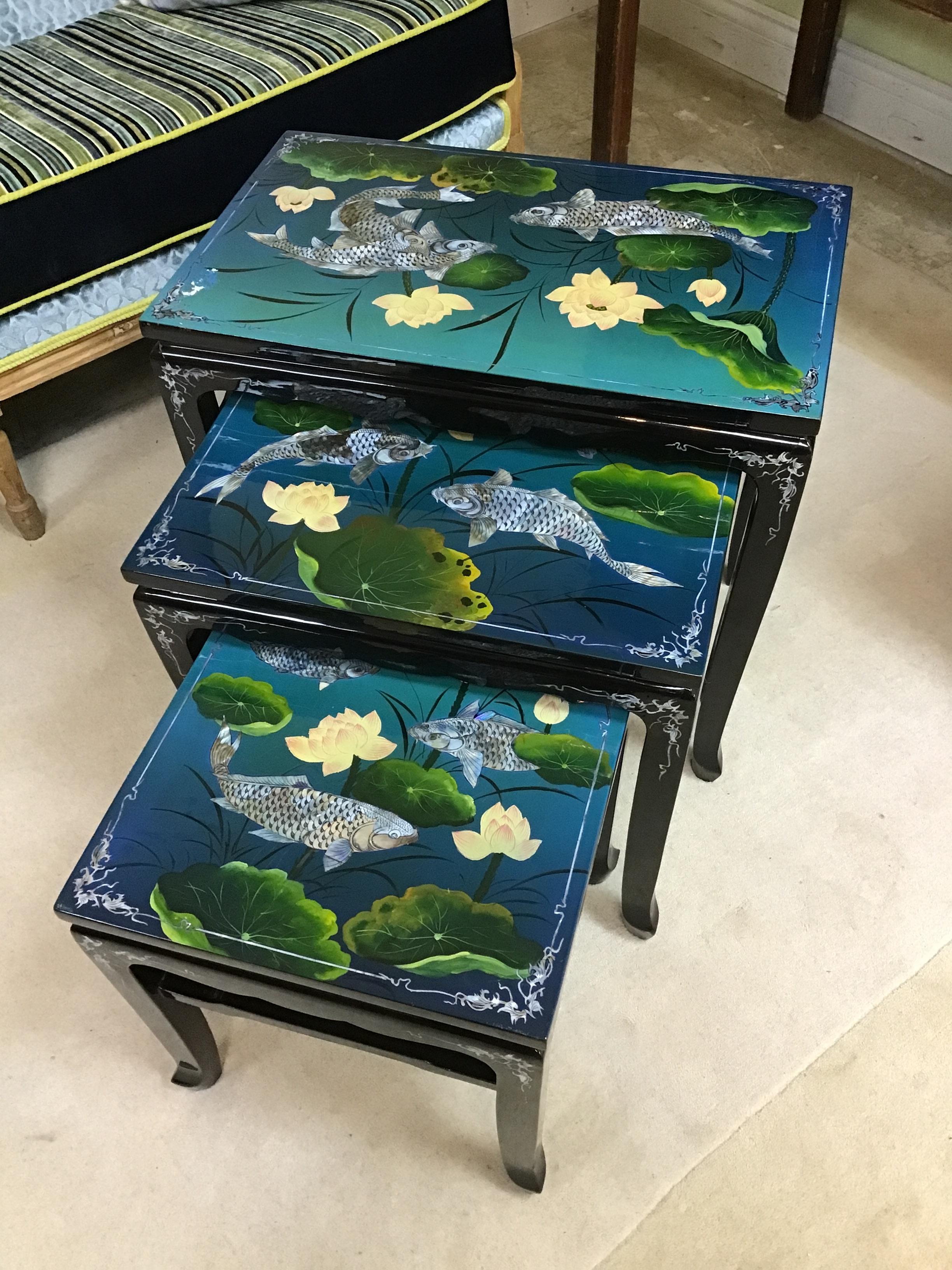 Set of 3 Vintage Black Lacquer Nesting Tables