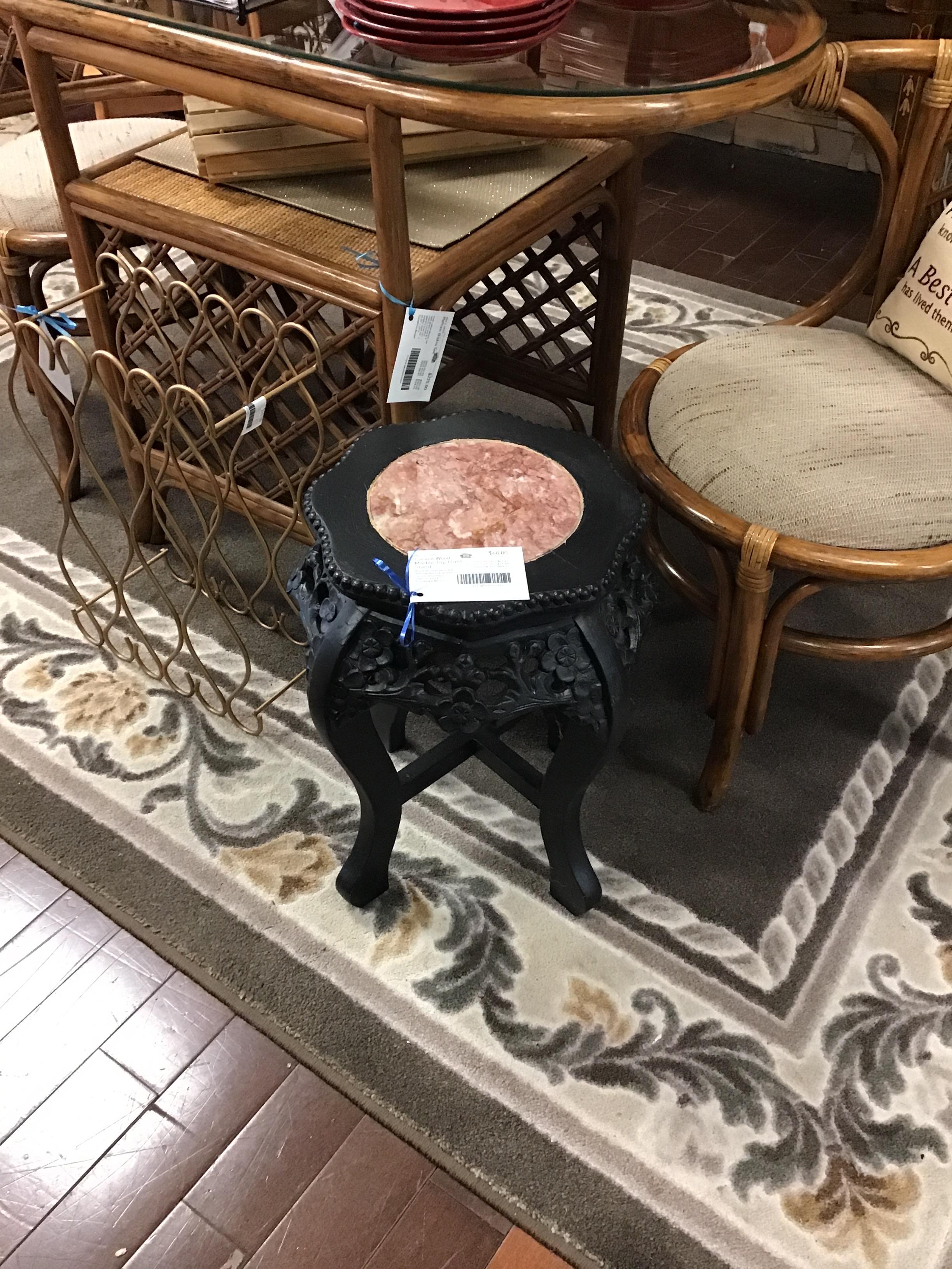 Carved Wood Marble Top Plant Stand