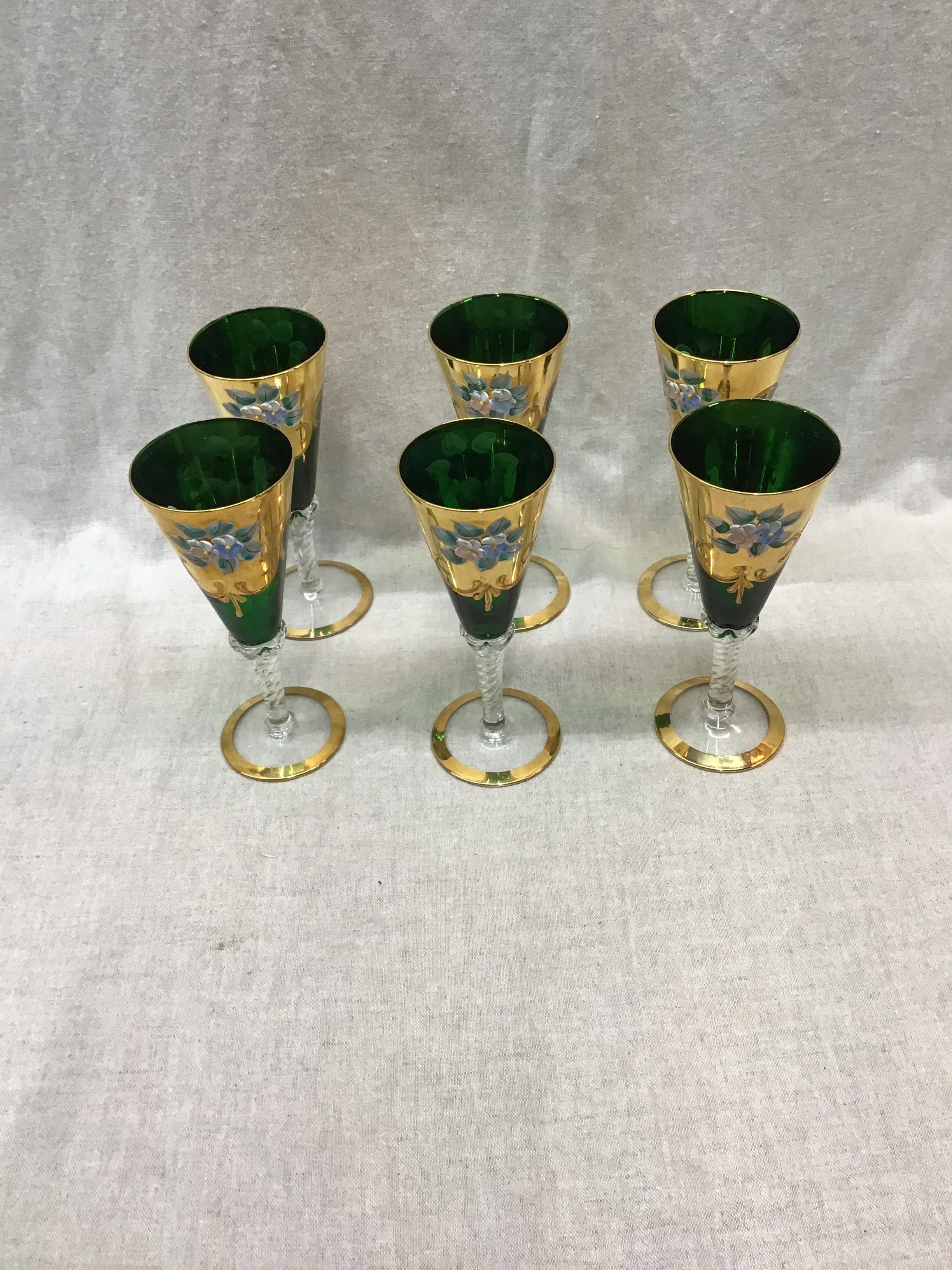Vintage Green & Gold Champagne Flutes (6)